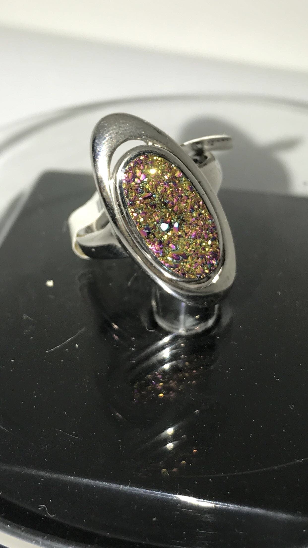 Moody Pink Druzy Quartz Bezel Set Sterling Silver Ring (Size 6.5)