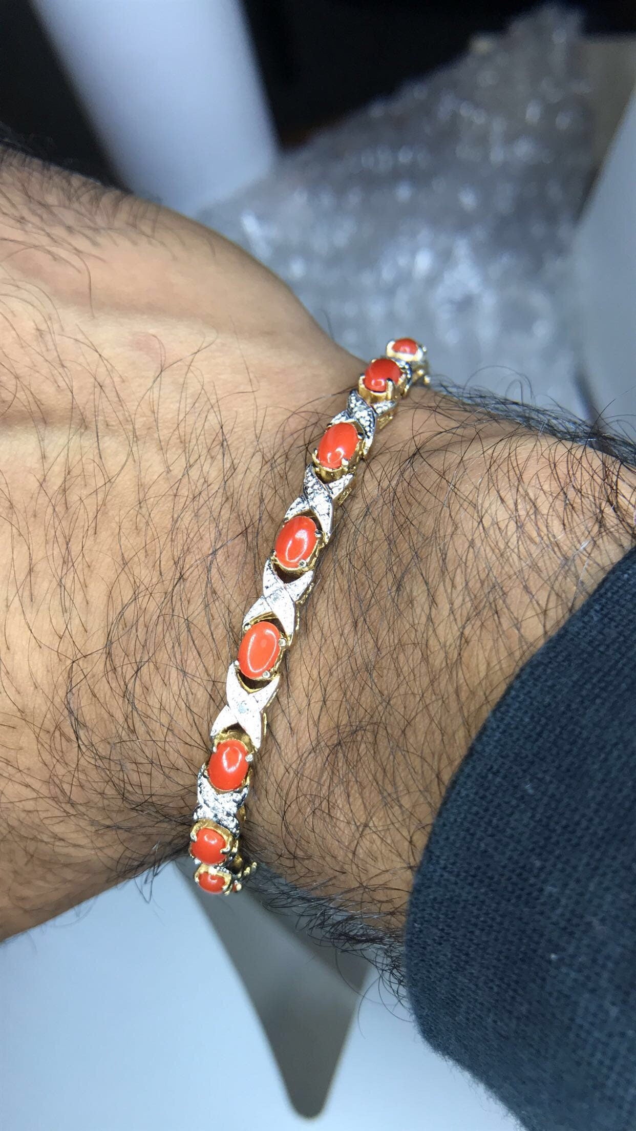 Natural Italian Red Coral & Diamond Sterling Silver 18K Vermeil Bracelet