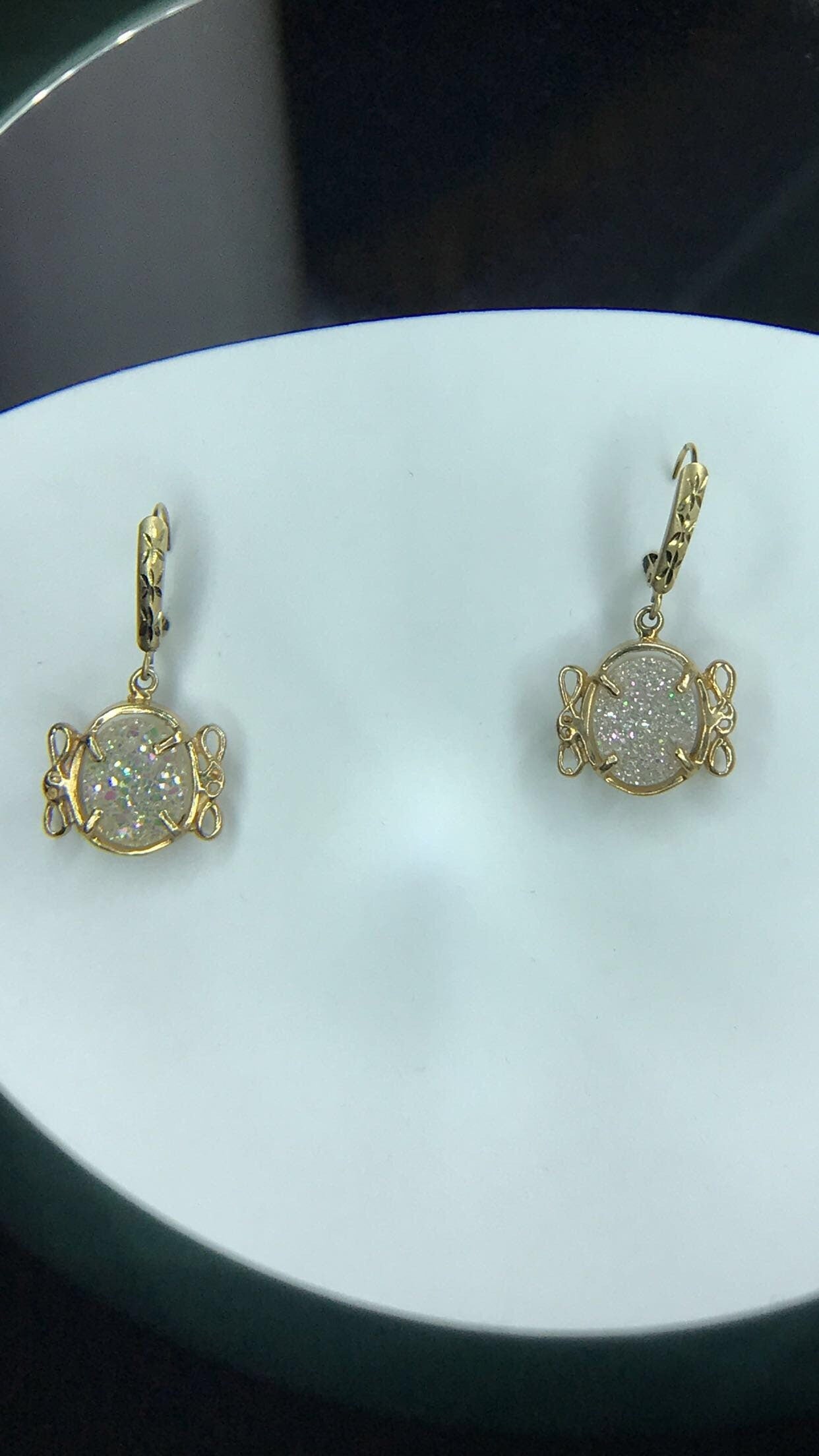 White Druzy Quartz 14k Yellow Gold French Lever Backs Earrings