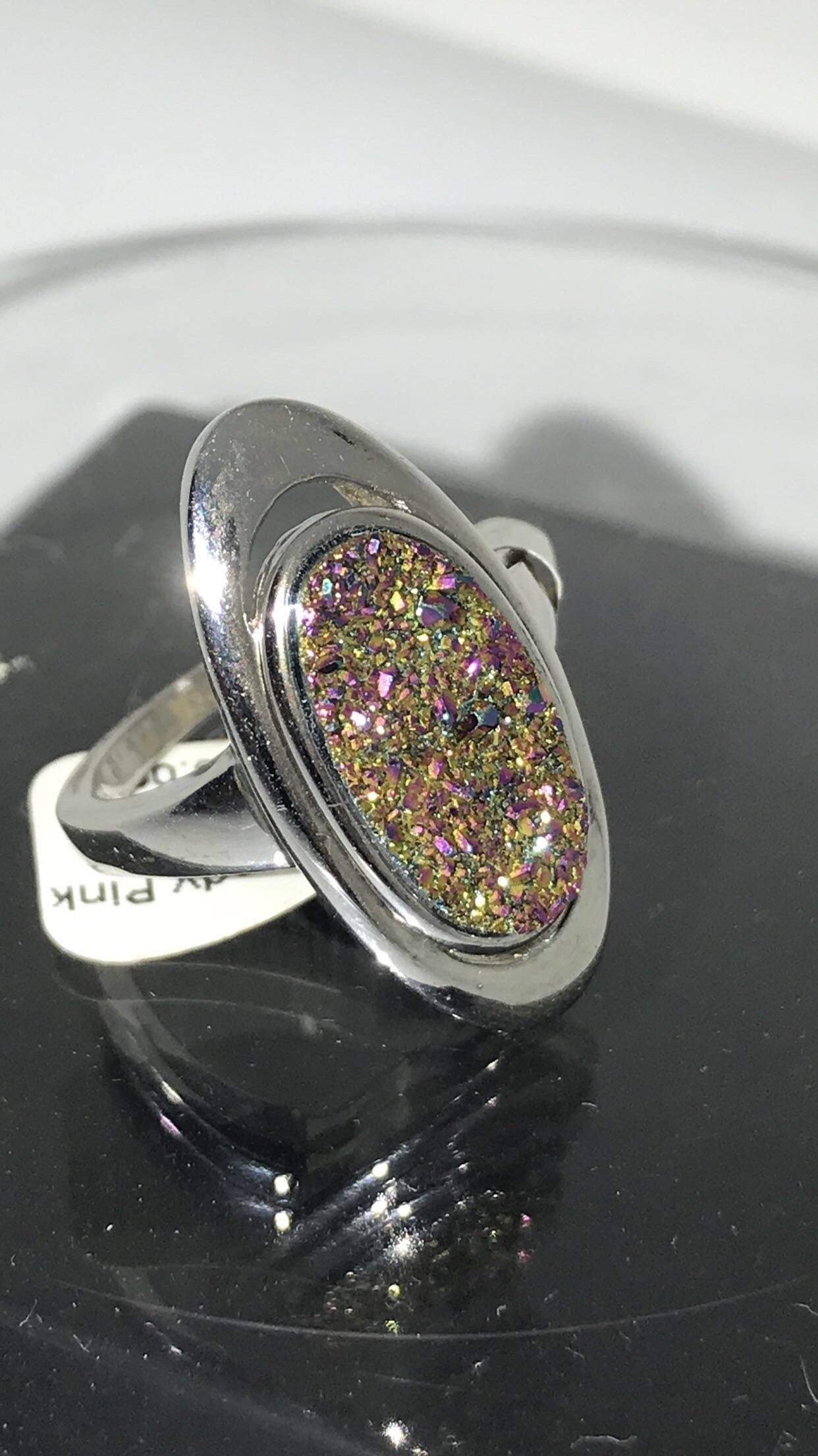 Moody Pink Druzy Quartz Bezel Set Sterling Silver Ring (Size 6.5)