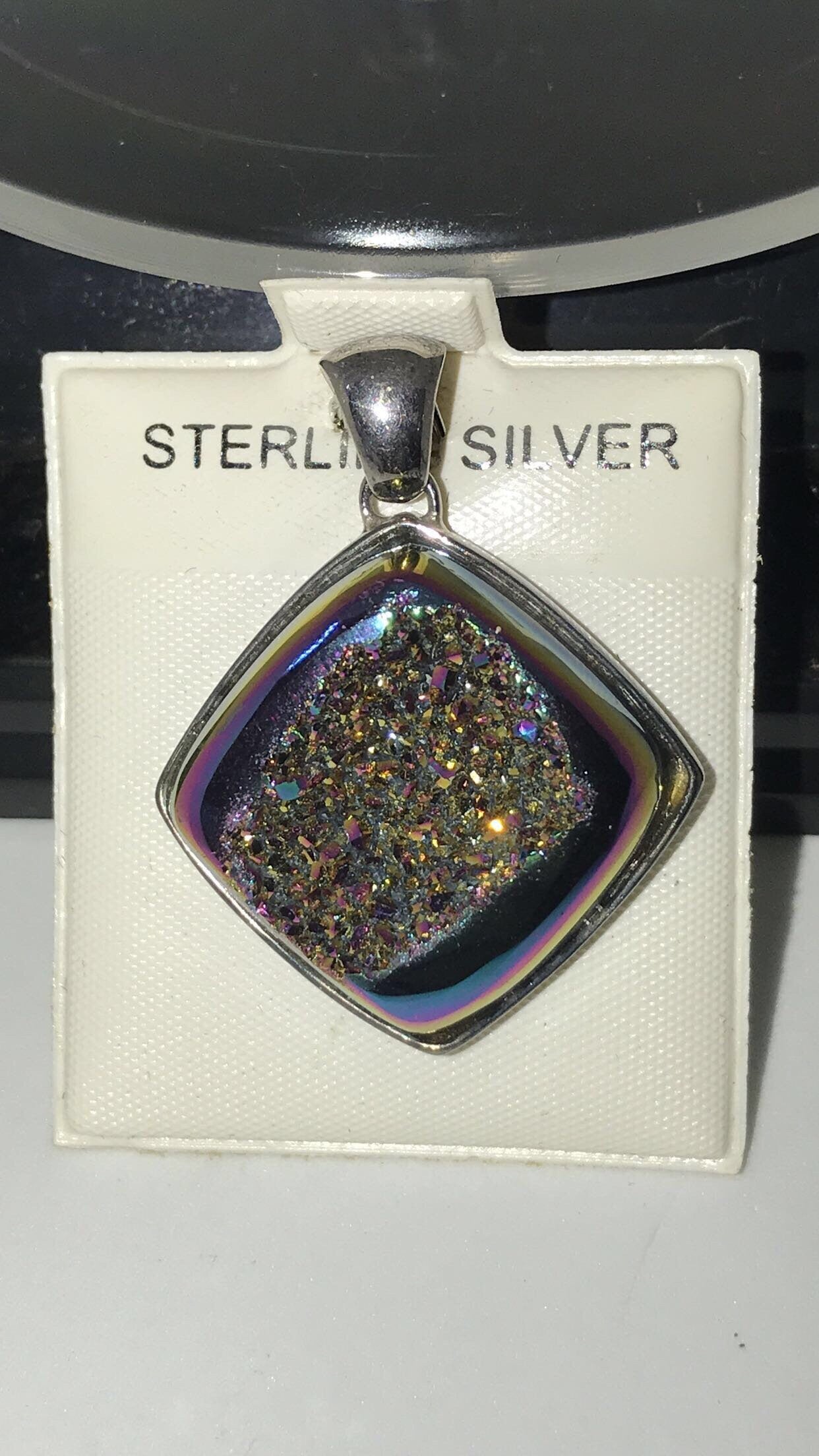 Moody Pink Druzy Quartz Square Window Sterling Silver Pendant