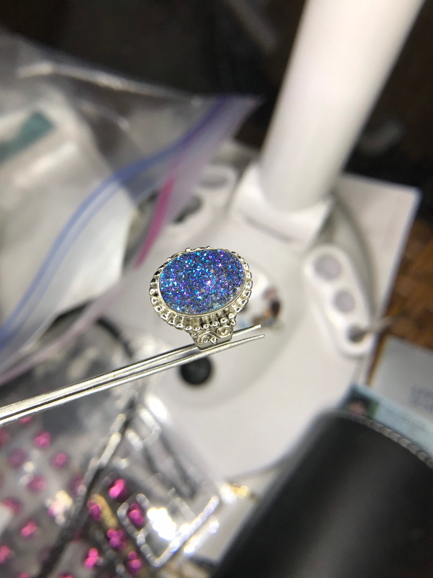 Peacock Druzy Quartz Sterling Silver Ring