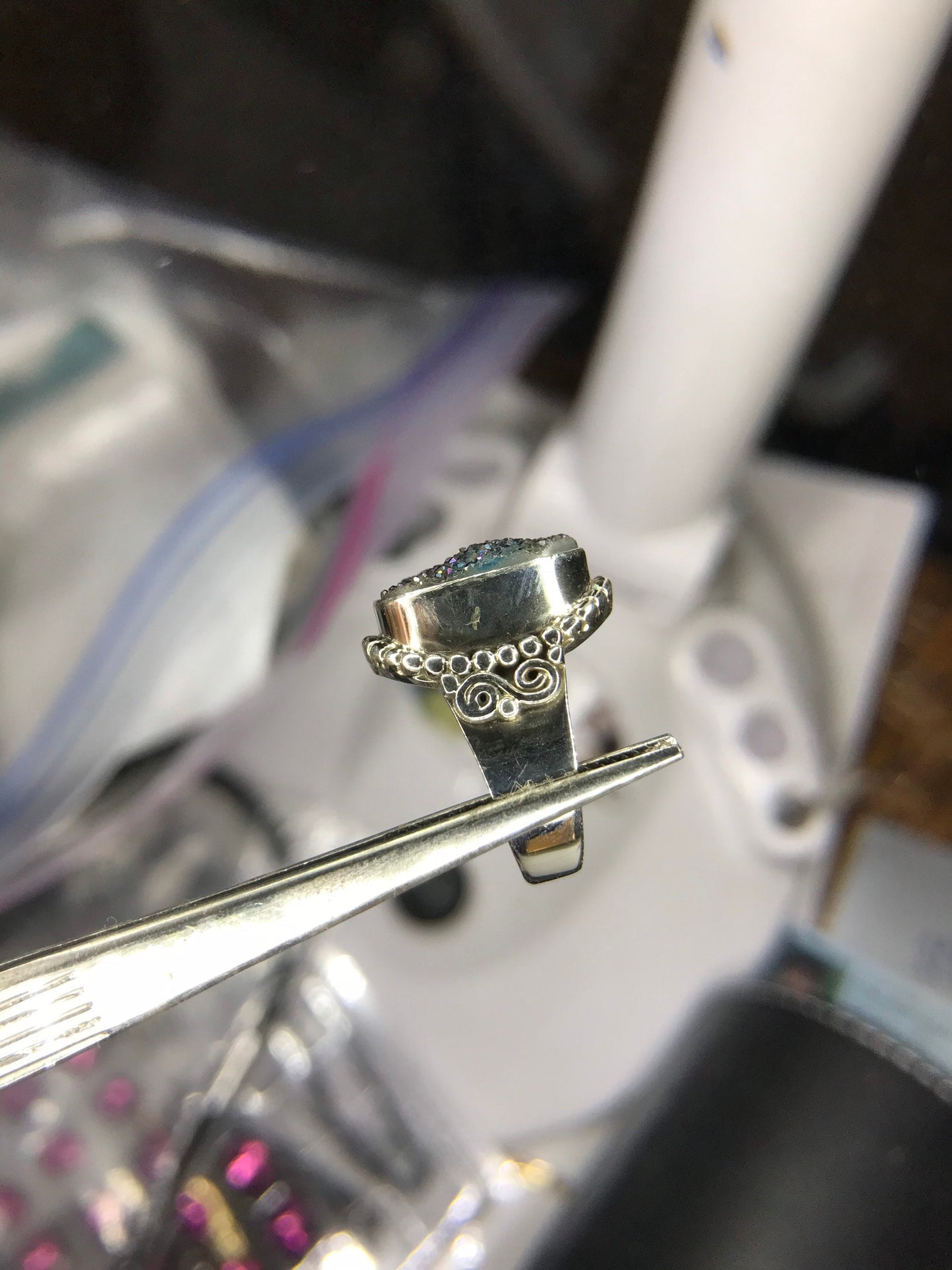 Peacock Druzy Quartz Sterling Silver Ring
