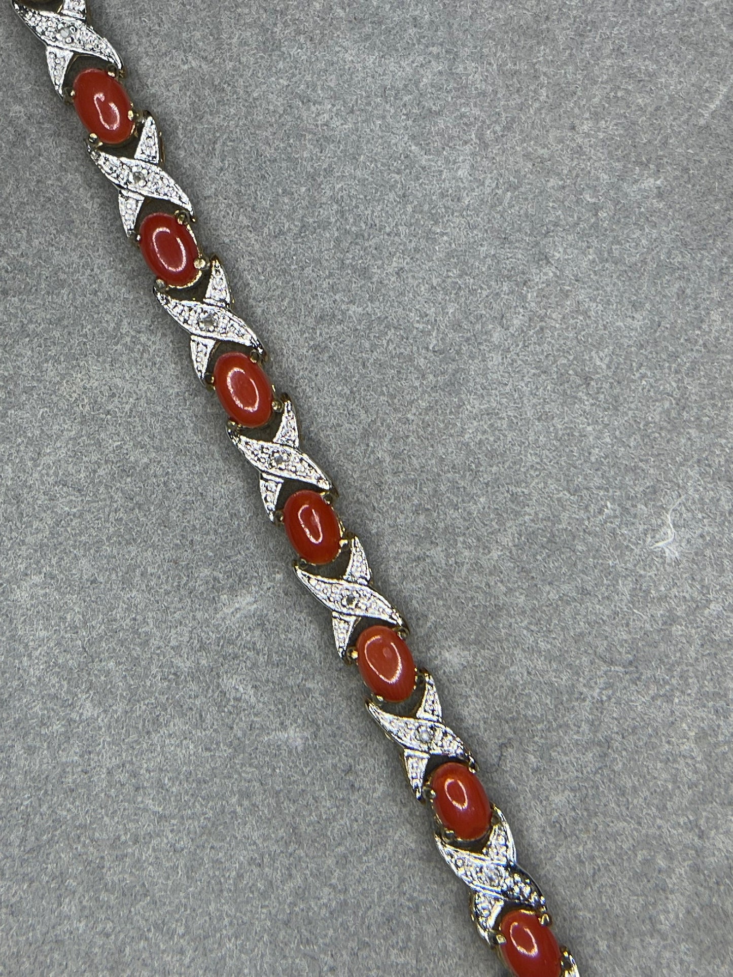 Natural Italian Red Coral & Diamond Sterling Silver 18K Vermeil Bracelet