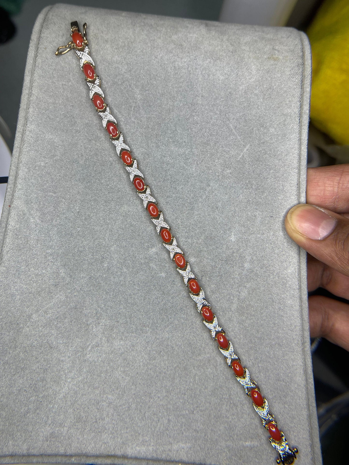 Natural Italian Red Coral & Diamond Sterling Silver 18K Vermeil Bracelet