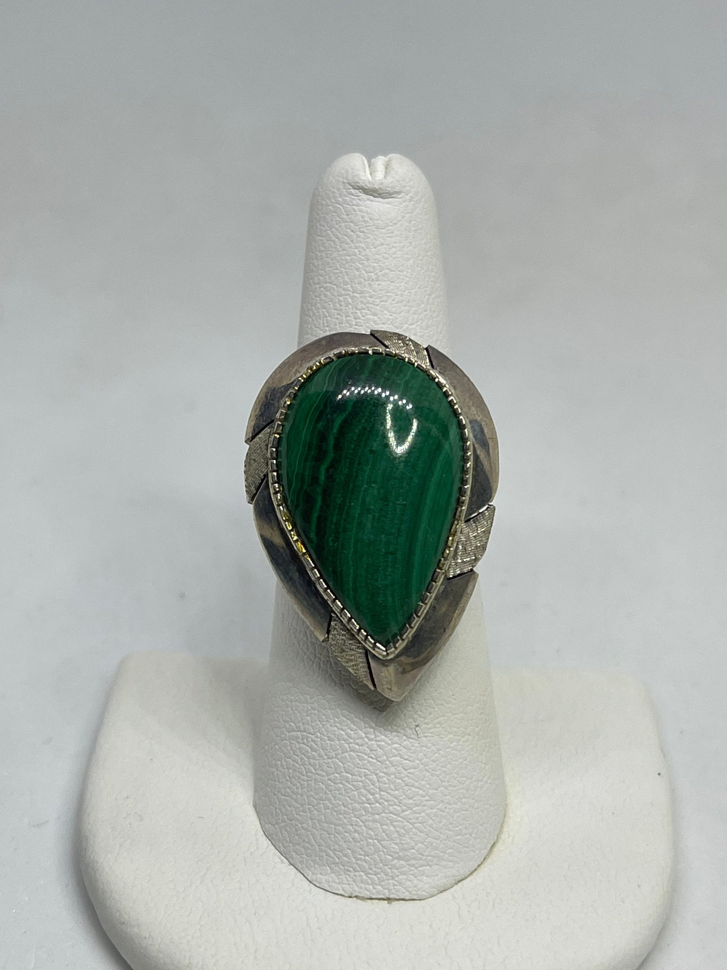 Pear Malachite Sterling Silver Ring (Size 7.5)