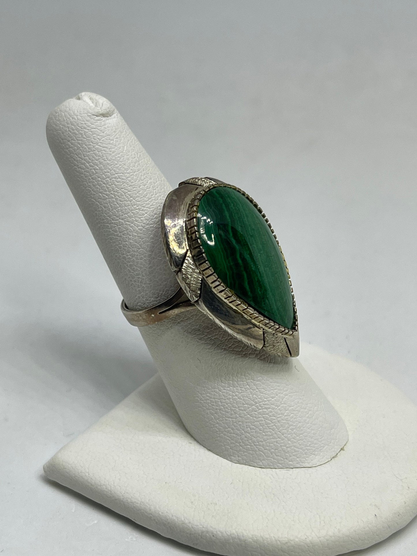 Pear Malachite Sterling Silver Ring (Size 7.5)
