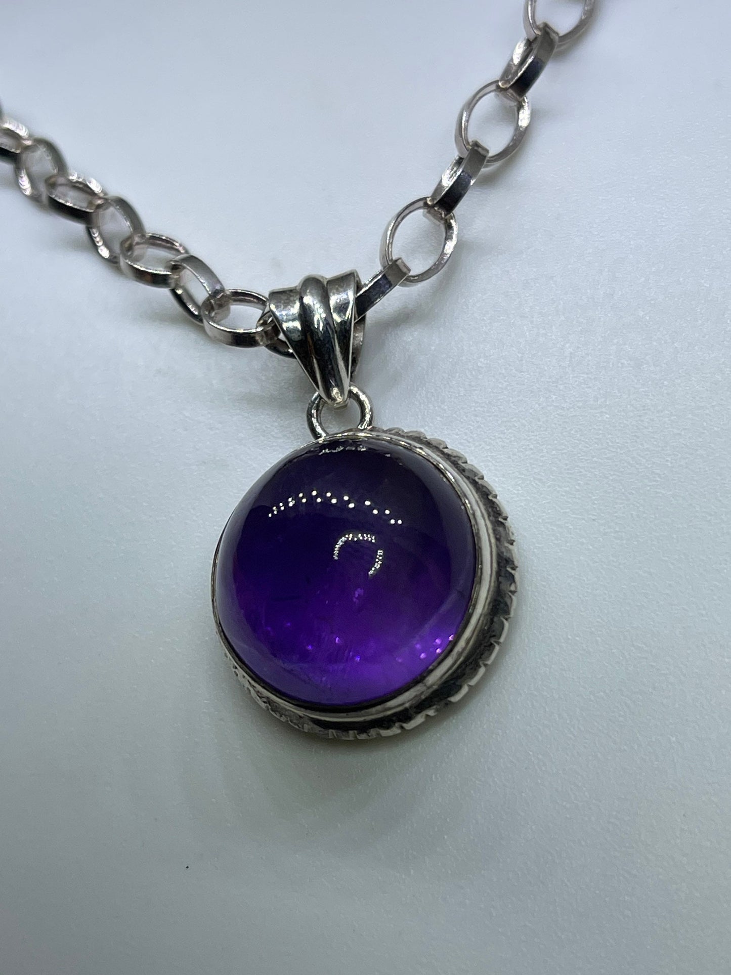 Amethyst Cabochon Sterling Silver Pendant & Chain Necklace