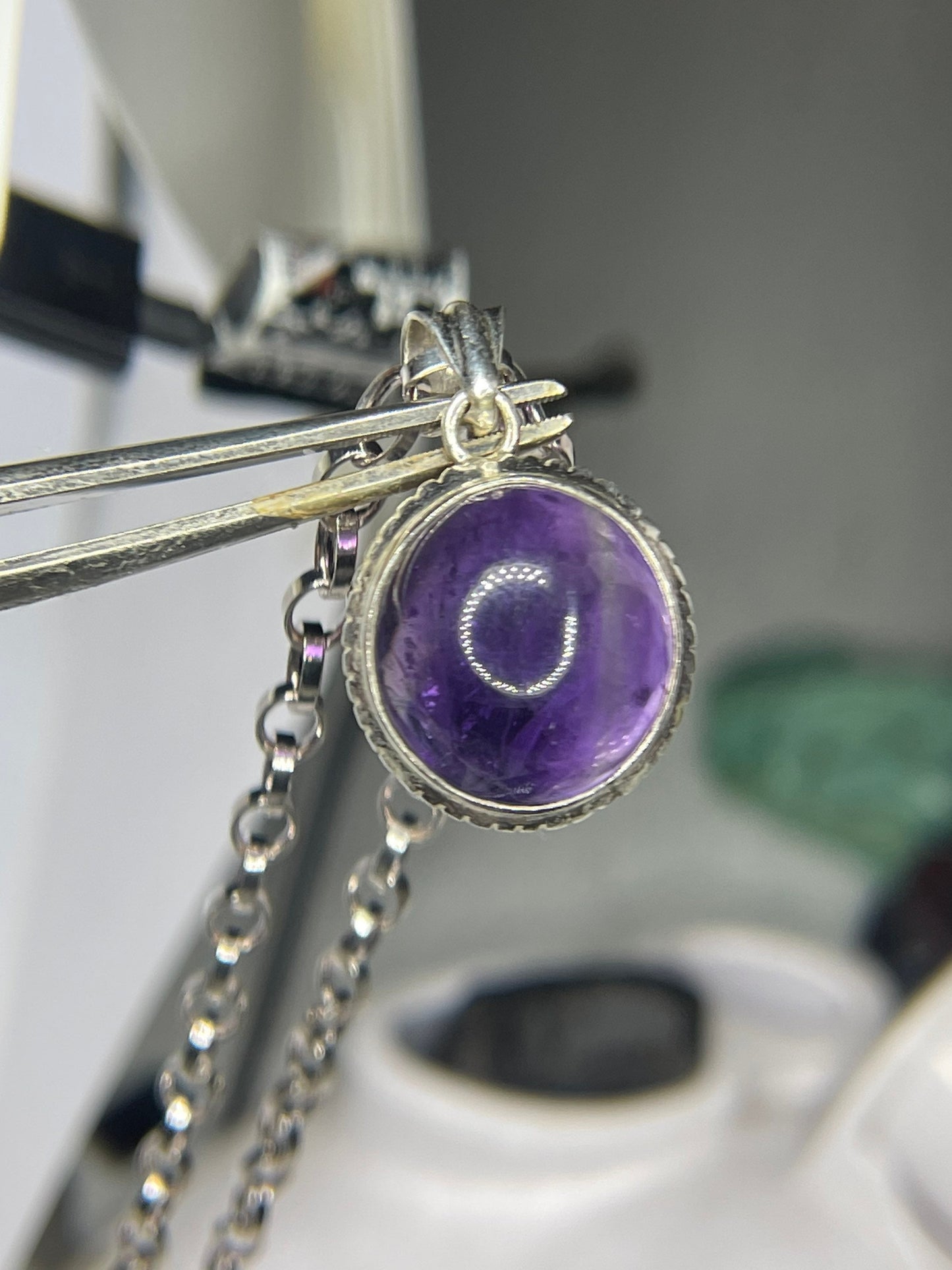 Amethyst Cabochon Sterling Silver Pendant & Chain Necklace