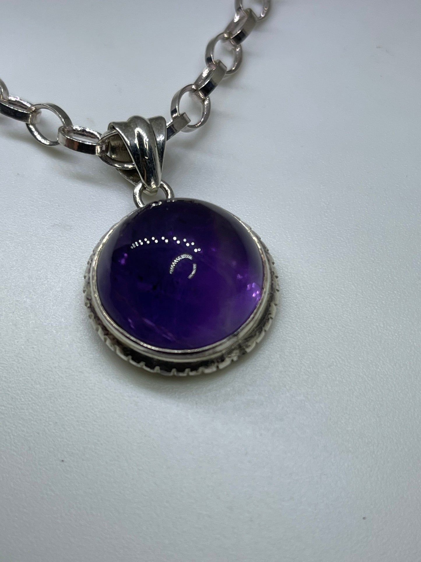 Amethyst Cabochon Sterling Silver Pendant & Chain Necklace