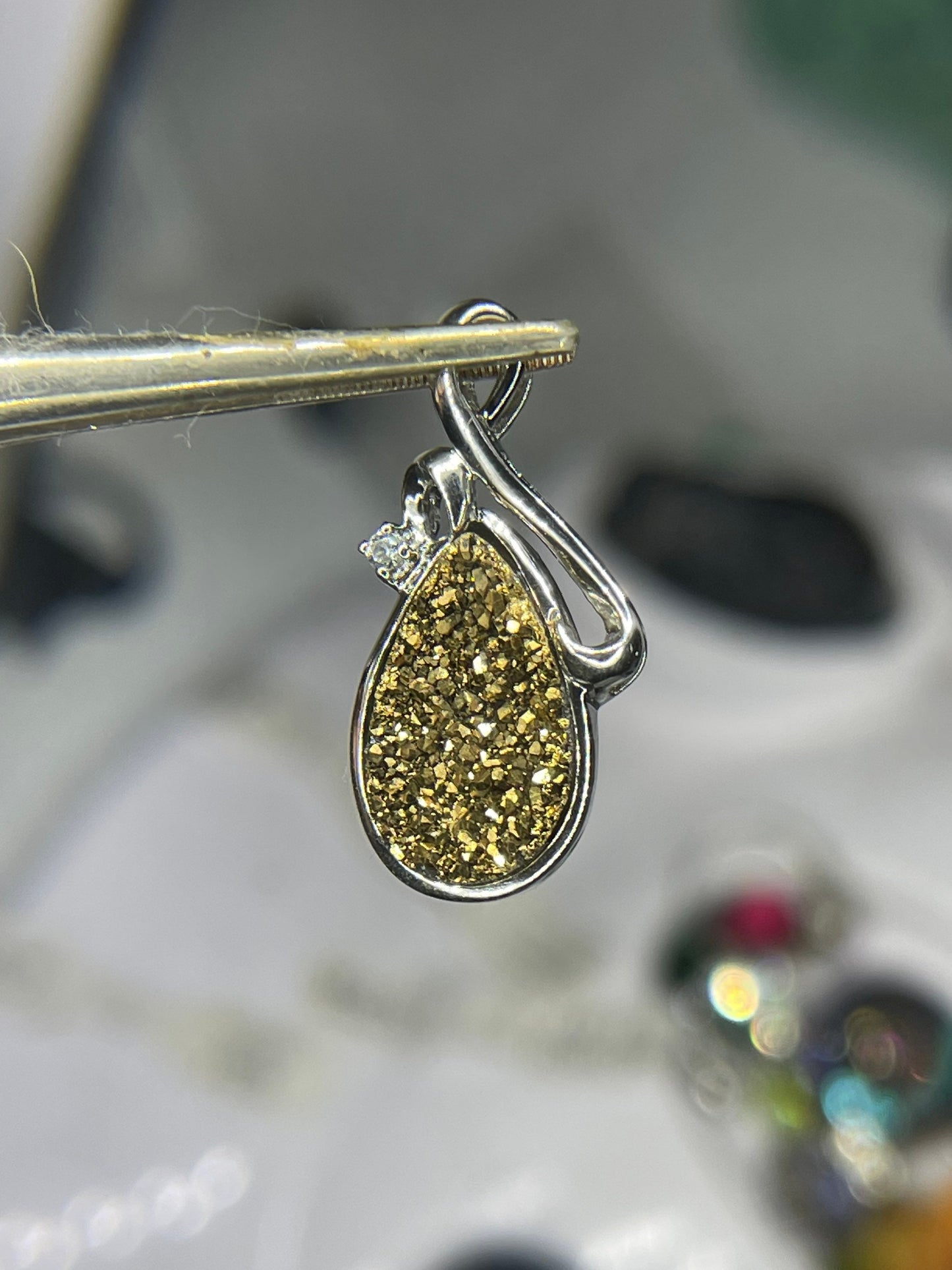 Gold Druzy Quartz White Topaz Sterling Silver Pendant