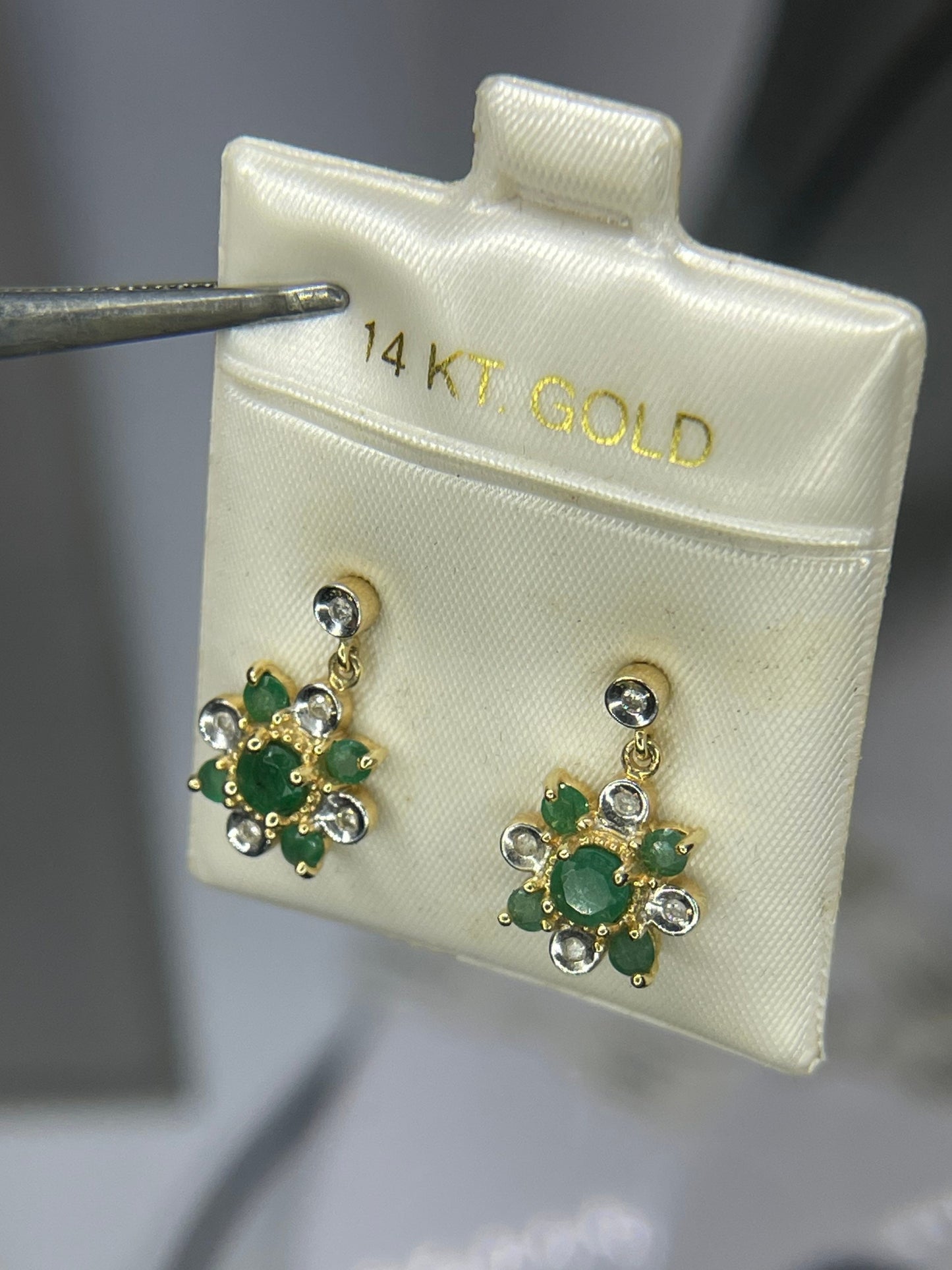 Natural Emerald & Diamond 14k Yellow Gold Dangle Earrings