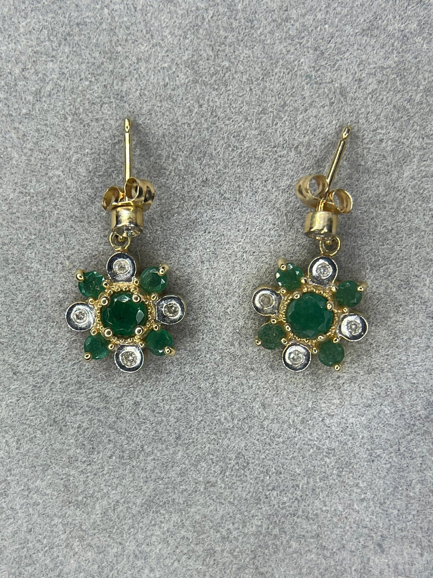 Natural Emerald & Diamond 14k Yellow Gold Dangle Earrings