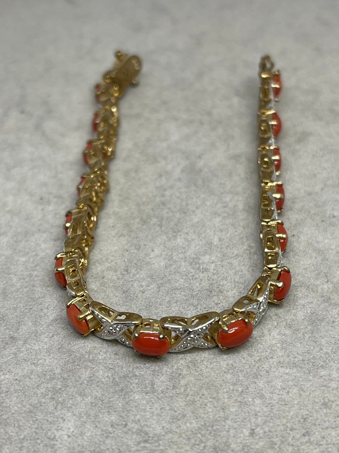 Natural Italian Red Coral & Diamond Sterling Silver 18K Vermeil Bracelet