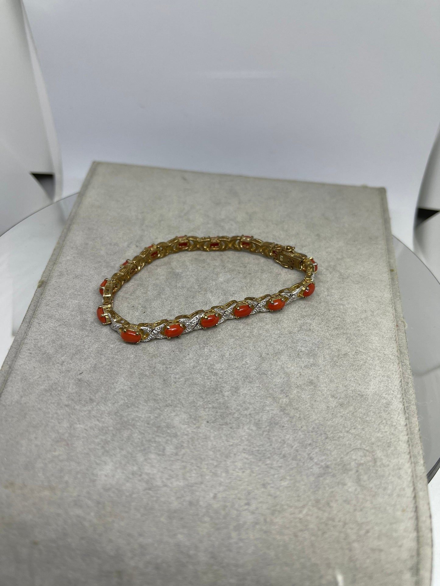 Natural Italian Red Coral & Diamond Sterling Silver 18K Vermeil Bracelet