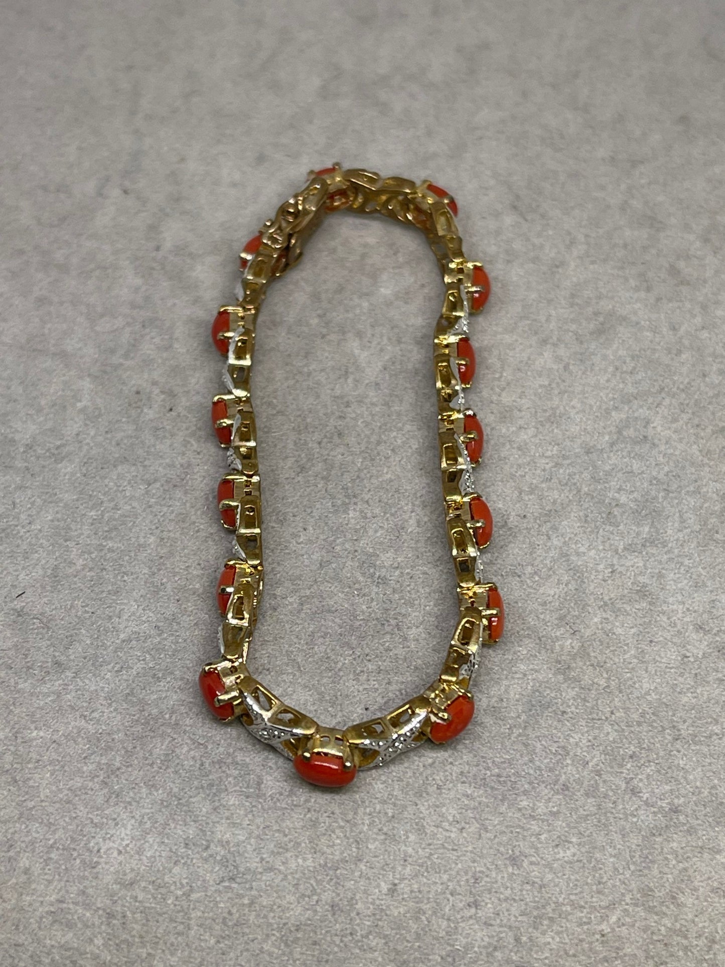 Natural Italian Red Coral & Diamond Sterling Silver 18K Vermeil Bracelet