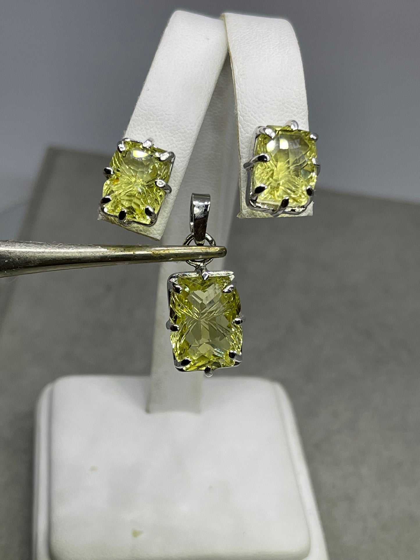 Natural Green Amethyst Sterling Silver Earrings & Pendant Set