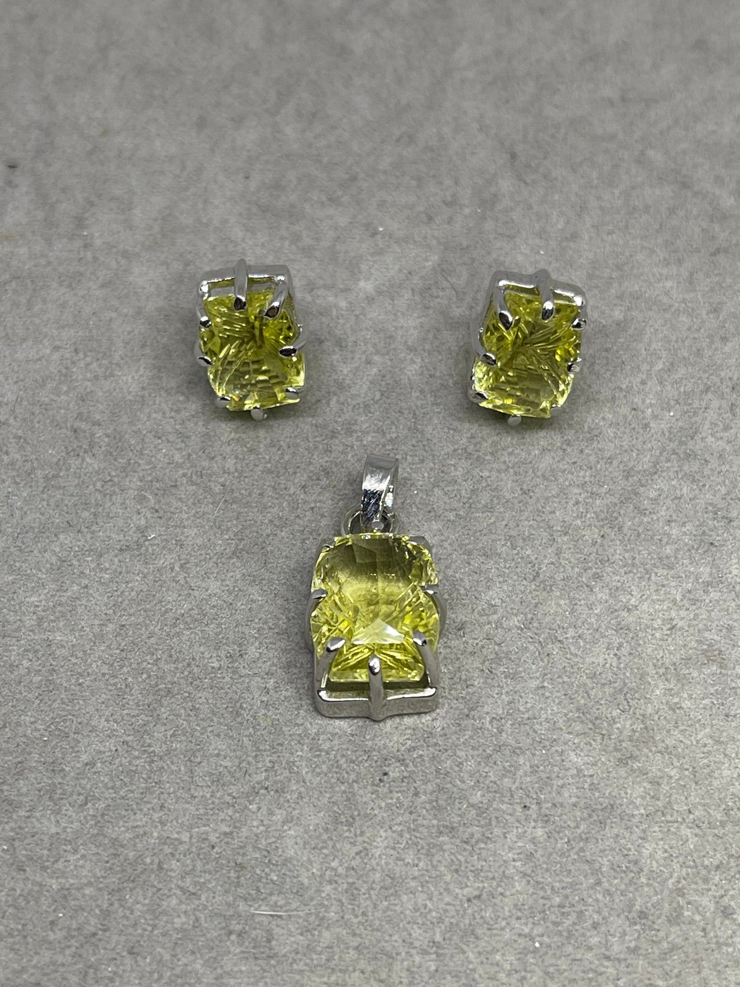Natural Green Amethyst Sterling Silver Earrings & Pendant Set
