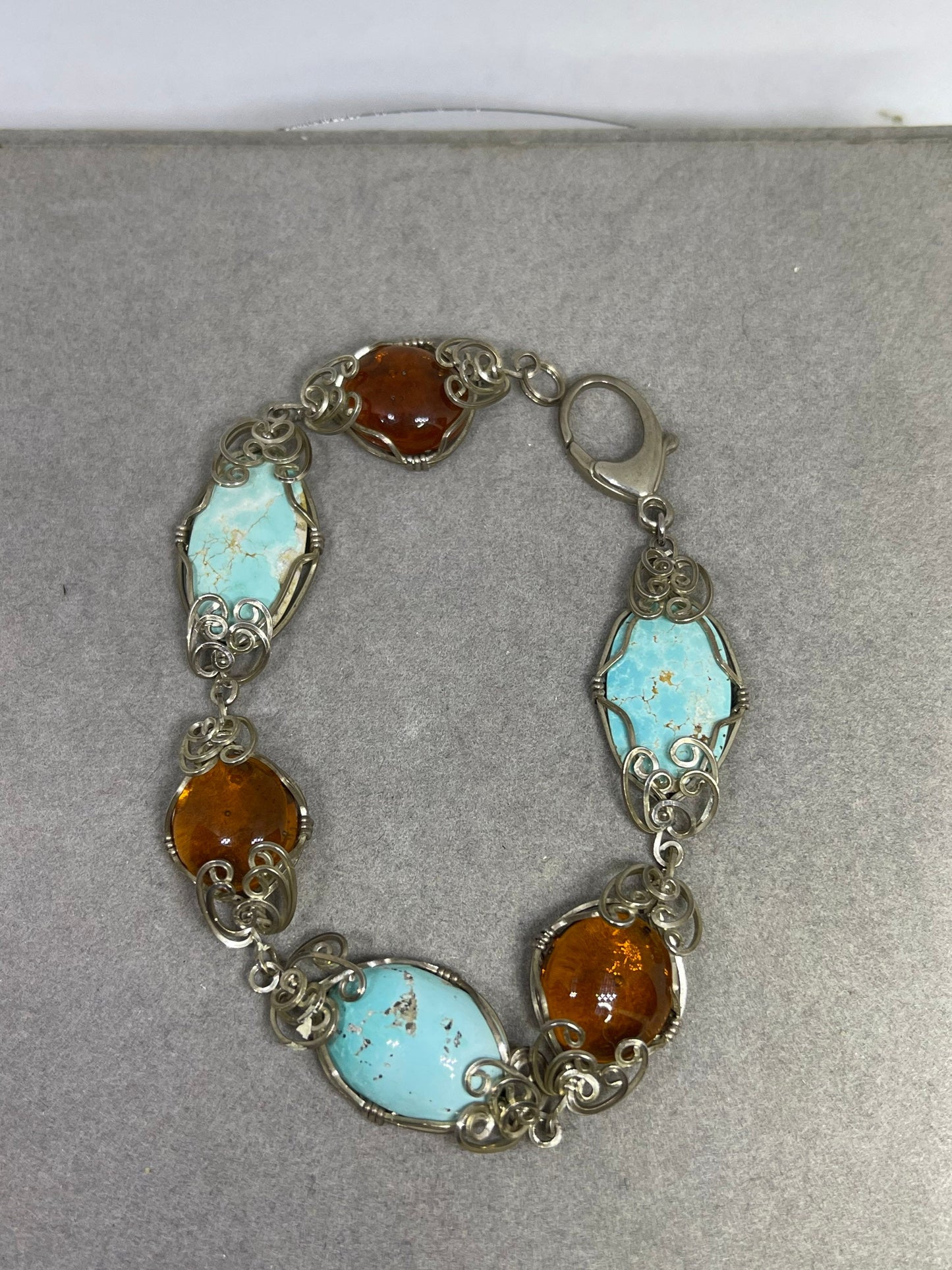 Natural Turquoise & Amber Sterling Silver Wire Wrapped Handmade Bracelet