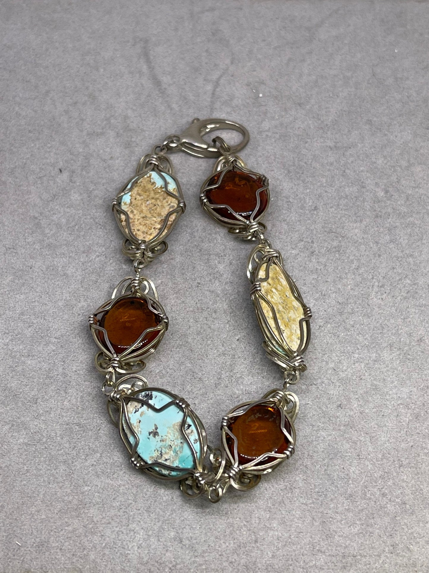 Natural Turquoise & Amber Sterling Silver Wire Wrapped Handmade Bracelet