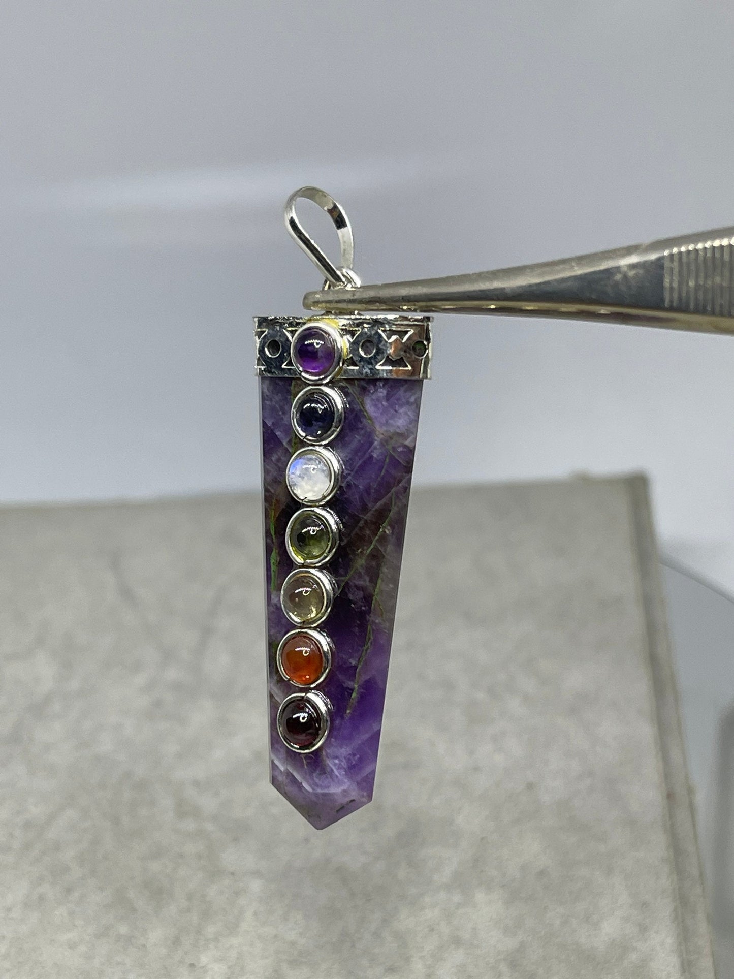 Natural Amethyst & Chakra Gemstone Sterling Silver Pendant