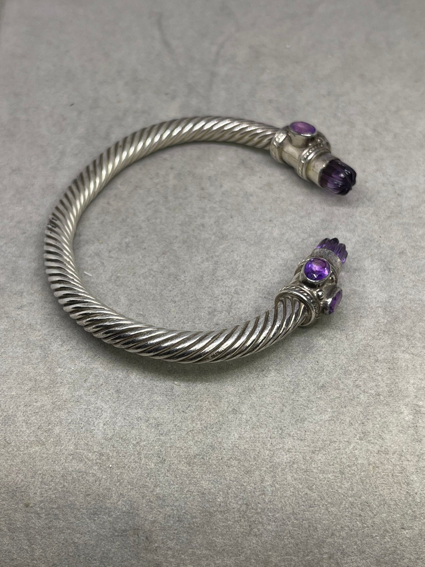 Amethyst Sterling Silver Cable Bangle Adjustable Bracelet