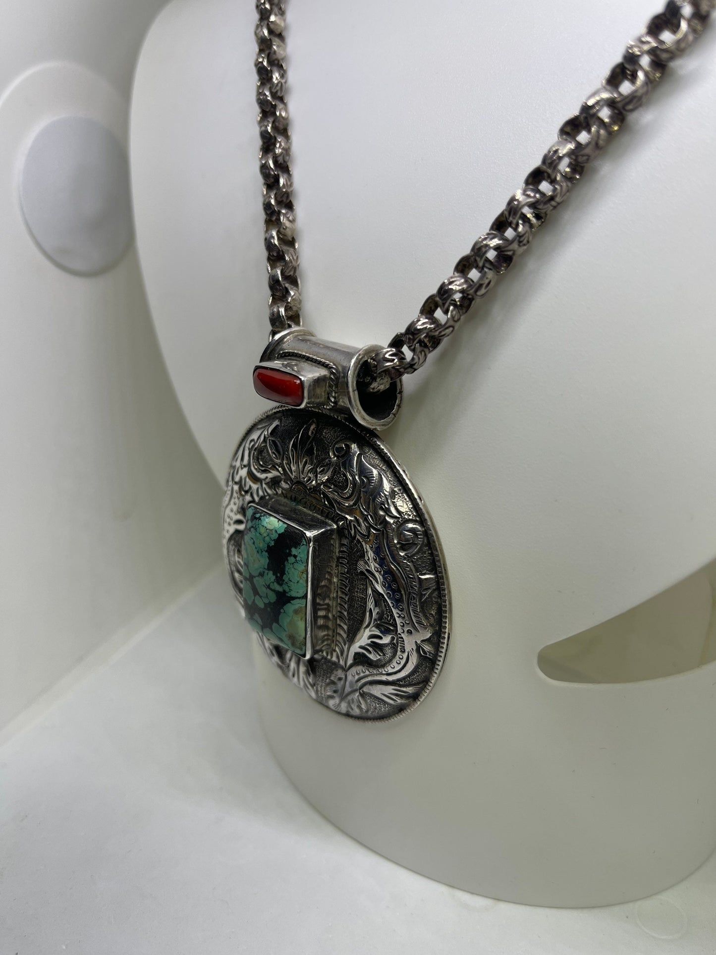 Natural Turquoise & Italian Red Coral Medallion Sterling Silver Handmade Necklace