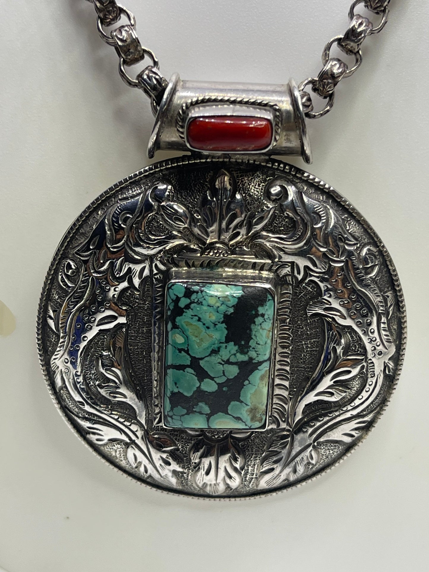 Natural Turquoise & Italian Red Coral Medallion Sterling Silver Handmade Necklace