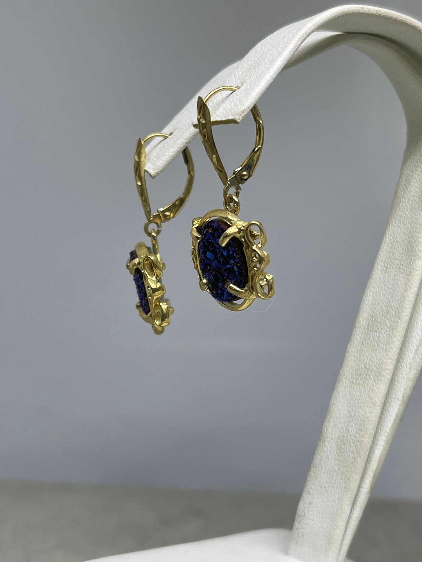 Cobalt Druzy Quartz 14k Yellow Gold French Lever Back Earrings