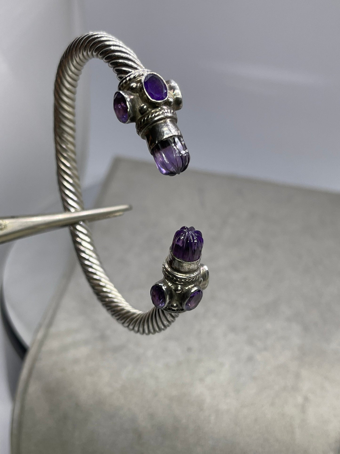 Amethyst Sterling Silver Cable Bangle Adjustable Bracelet