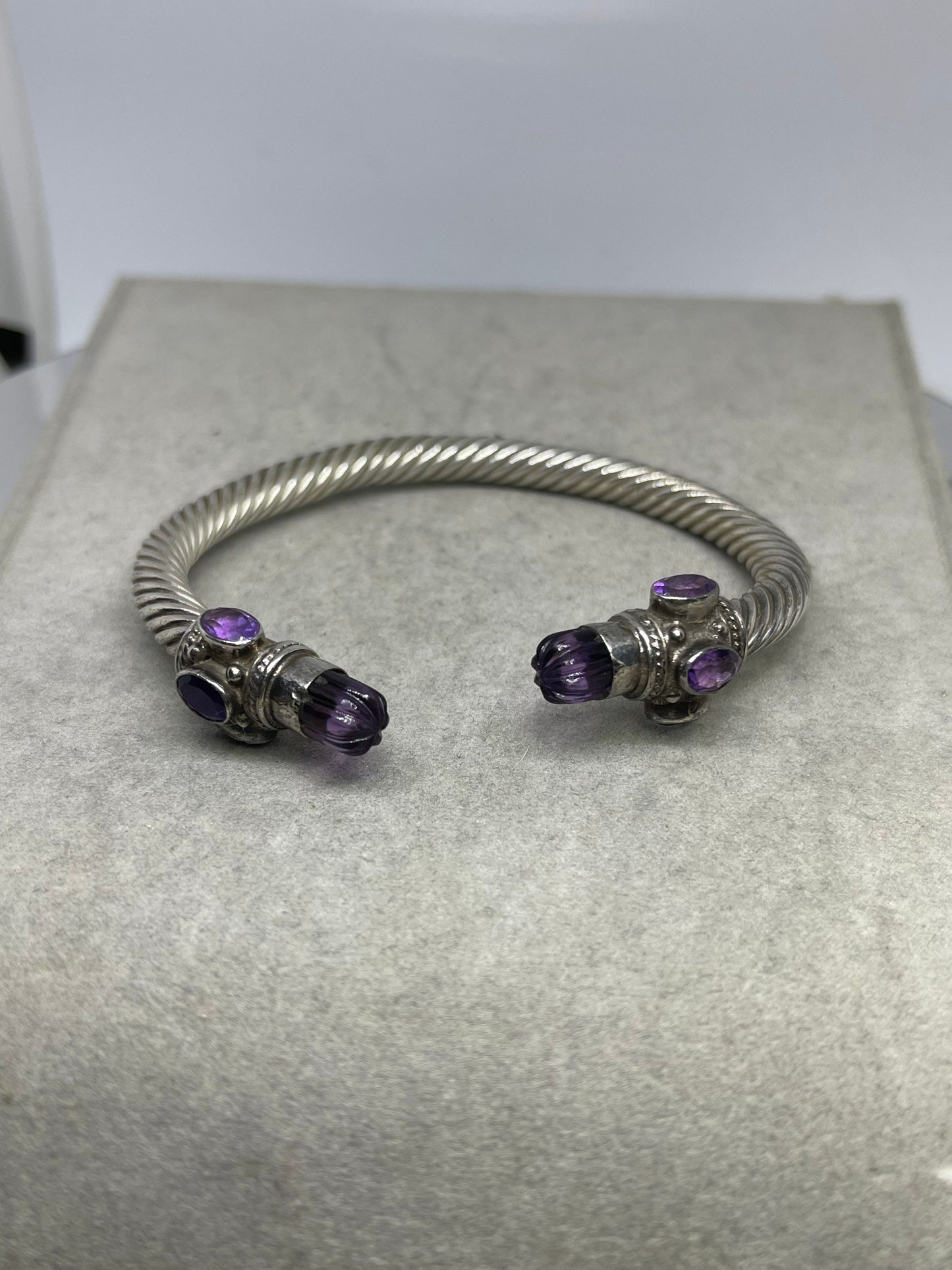 Amethyst Sterling Silver Cable Bangle Adjustable Bracelet