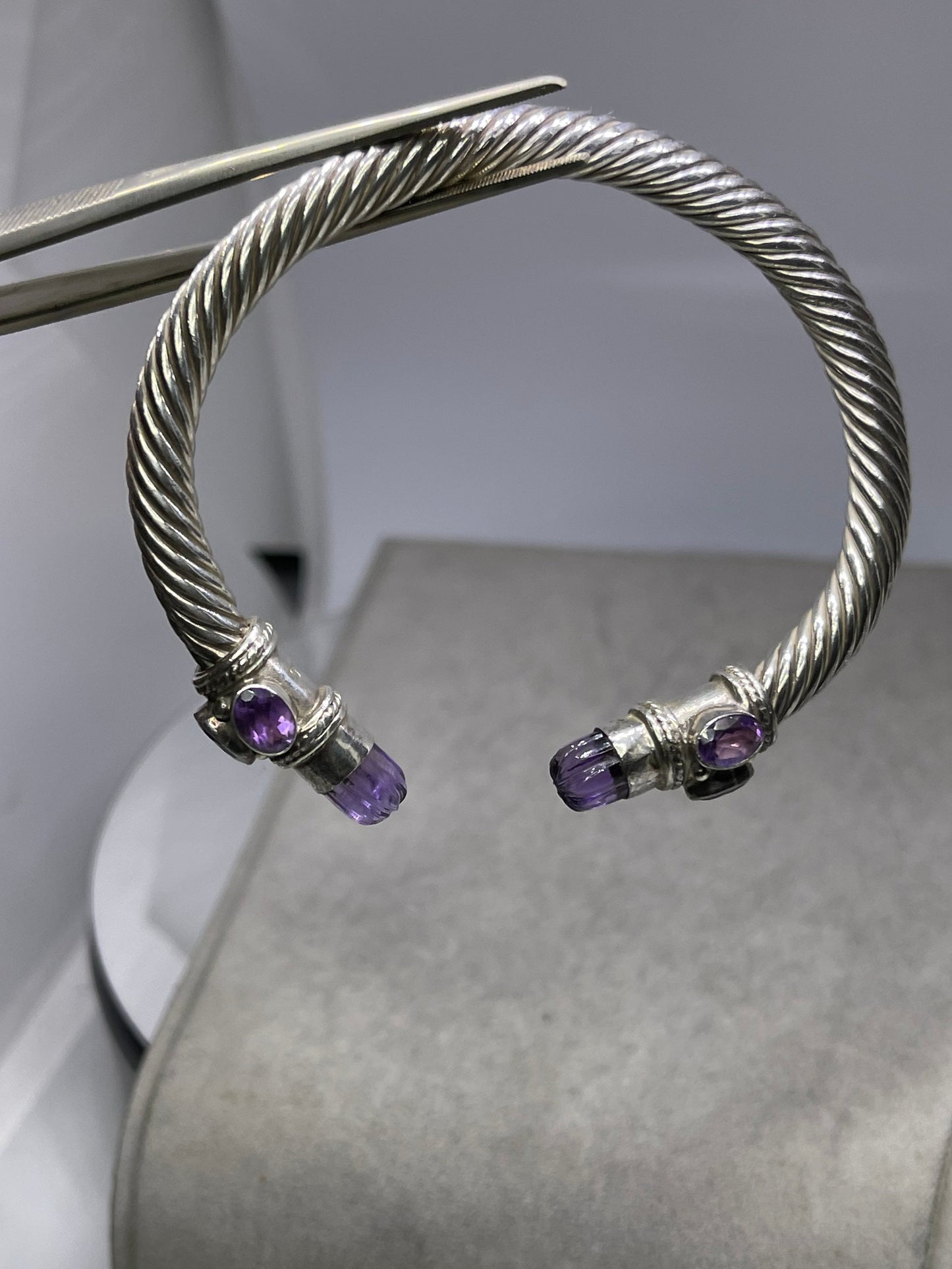 Amethyst Sterling Silver Cable Bangle Adjustable Bracelet