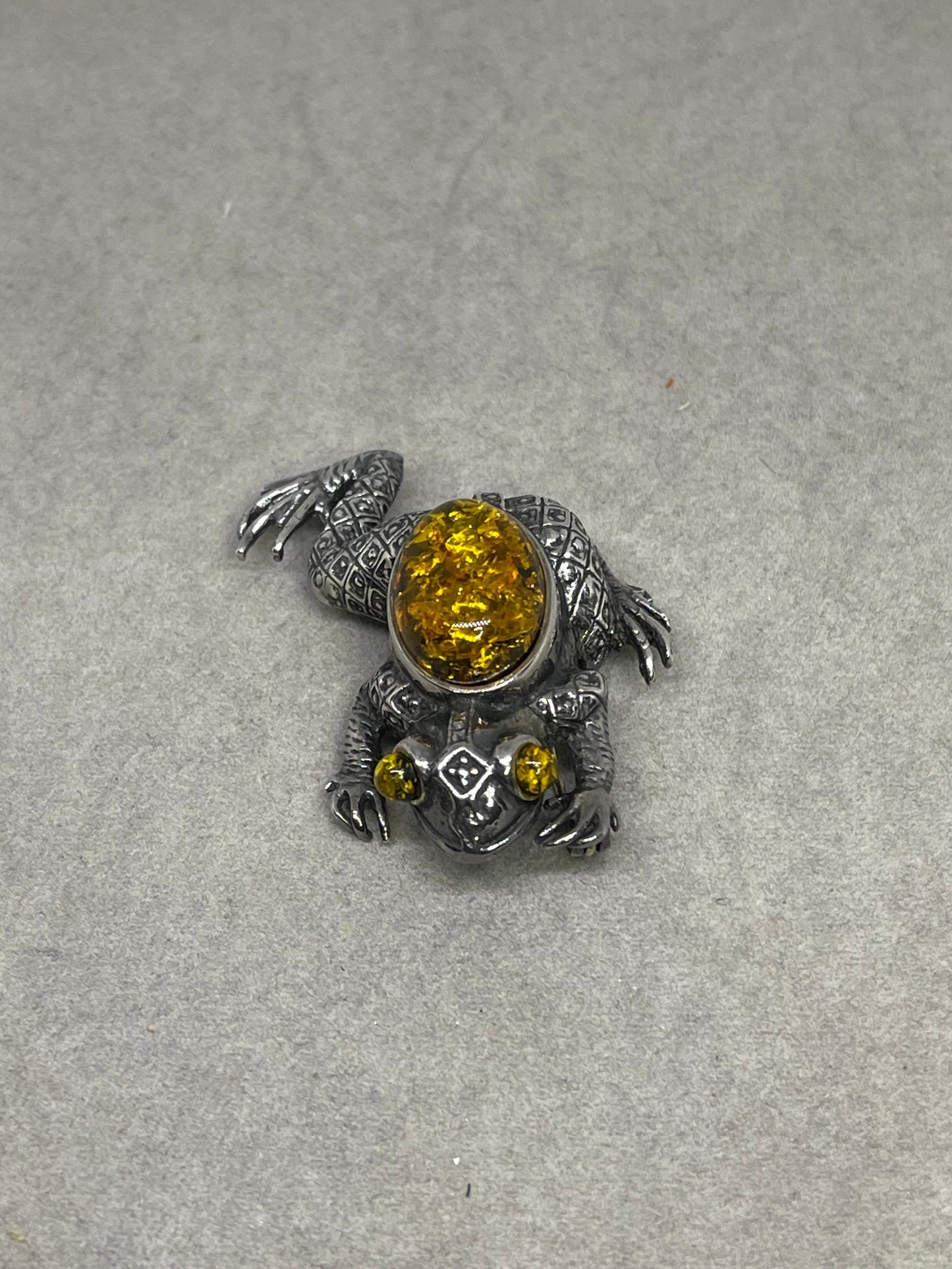 Handmade Amber Sterling Silver Frog Brooch Pin