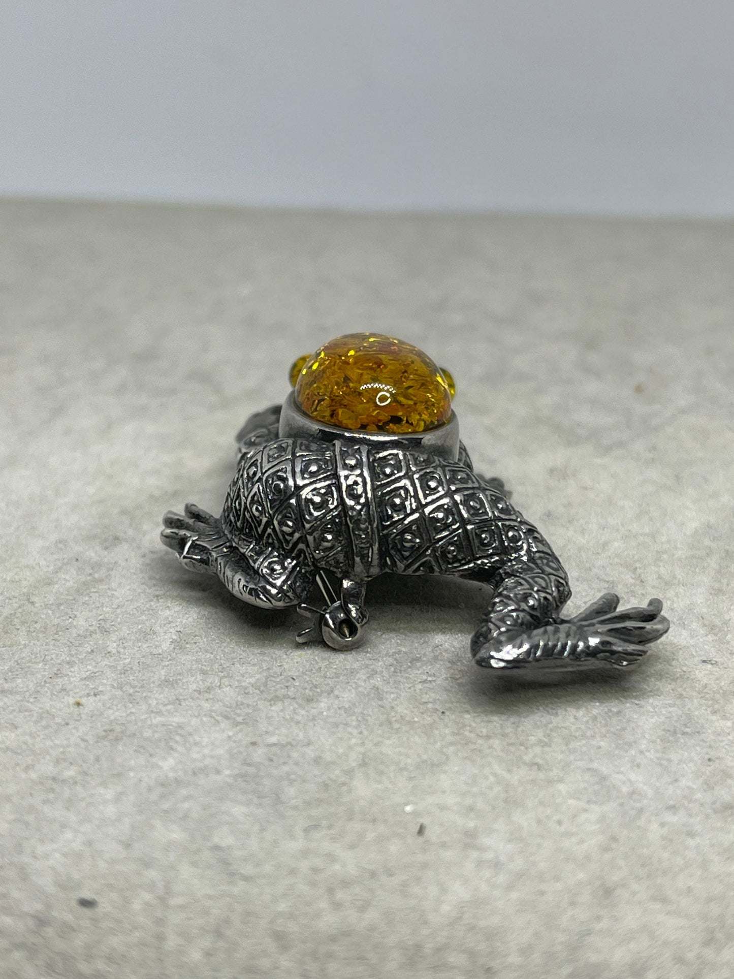 Handmade Amber Sterling Silver Frog Brooch Pin