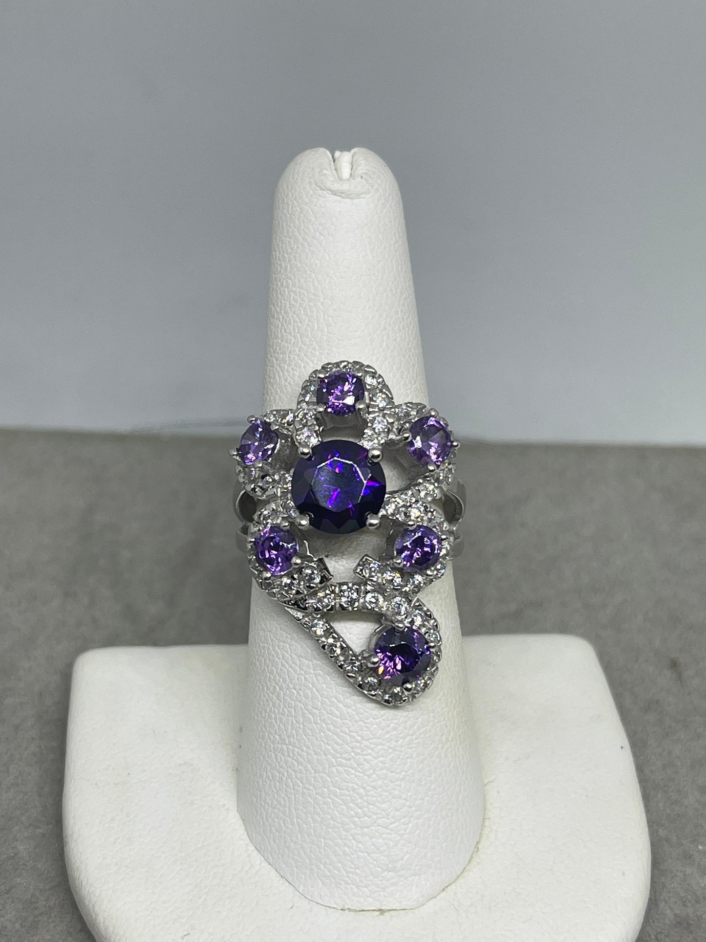 Purple & White Cubic Zirconia Sterling Silver Glam Ring (Size 7.25)