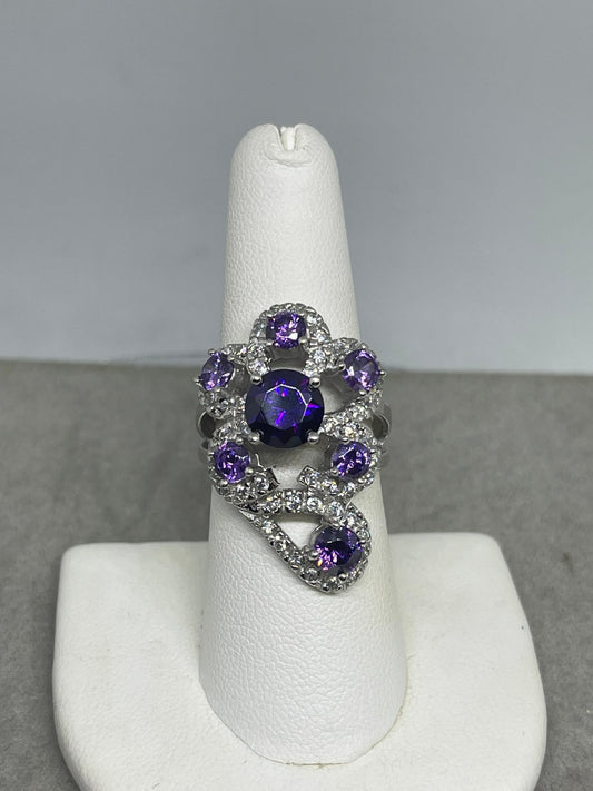 Purple & White Cubic Zirconia Sterling Silver Glam Ring (Size 7.25)