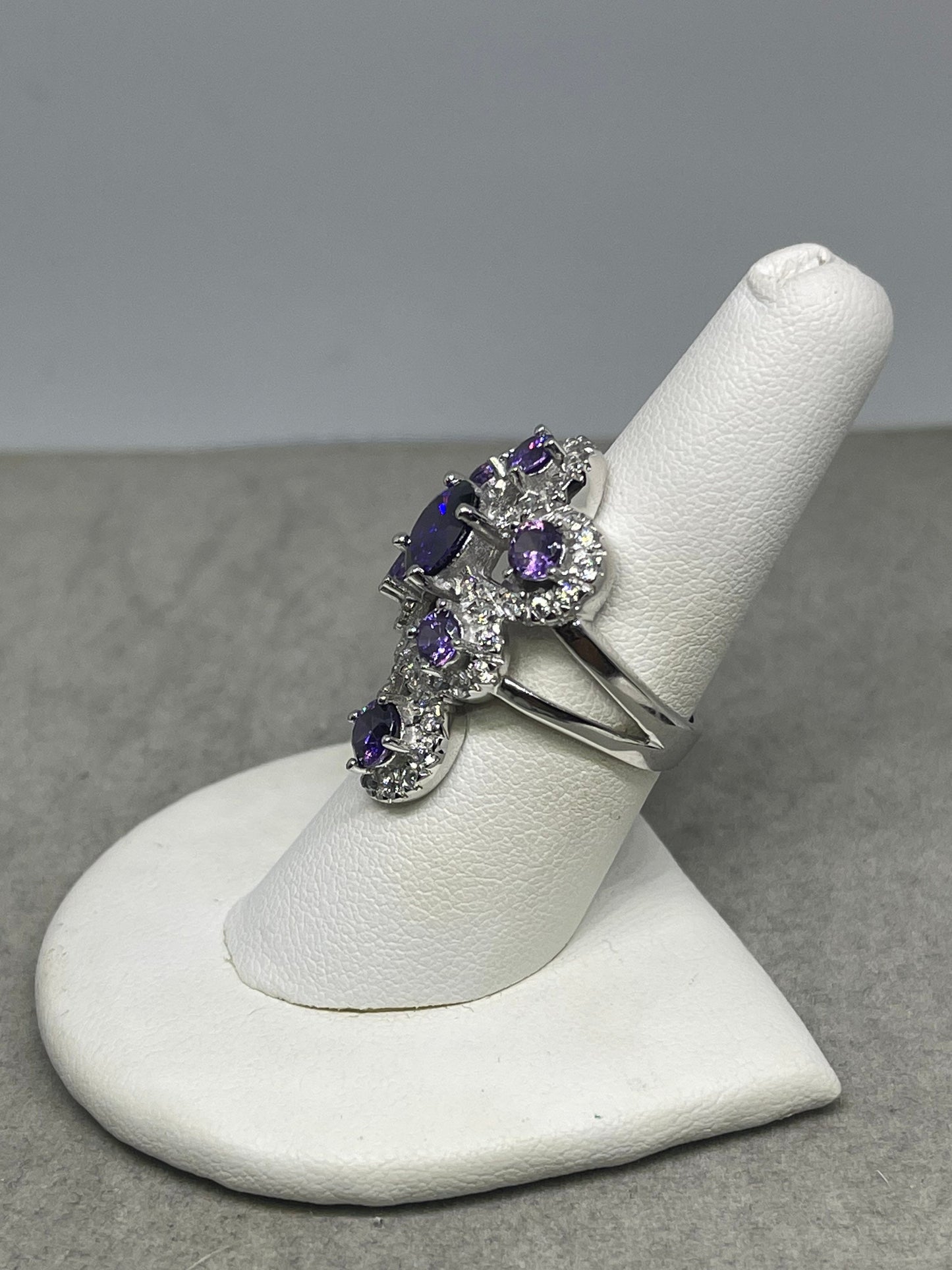 Purple & White Cubic Zirconia Sterling Silver Glam Ring (Size 7.25)
