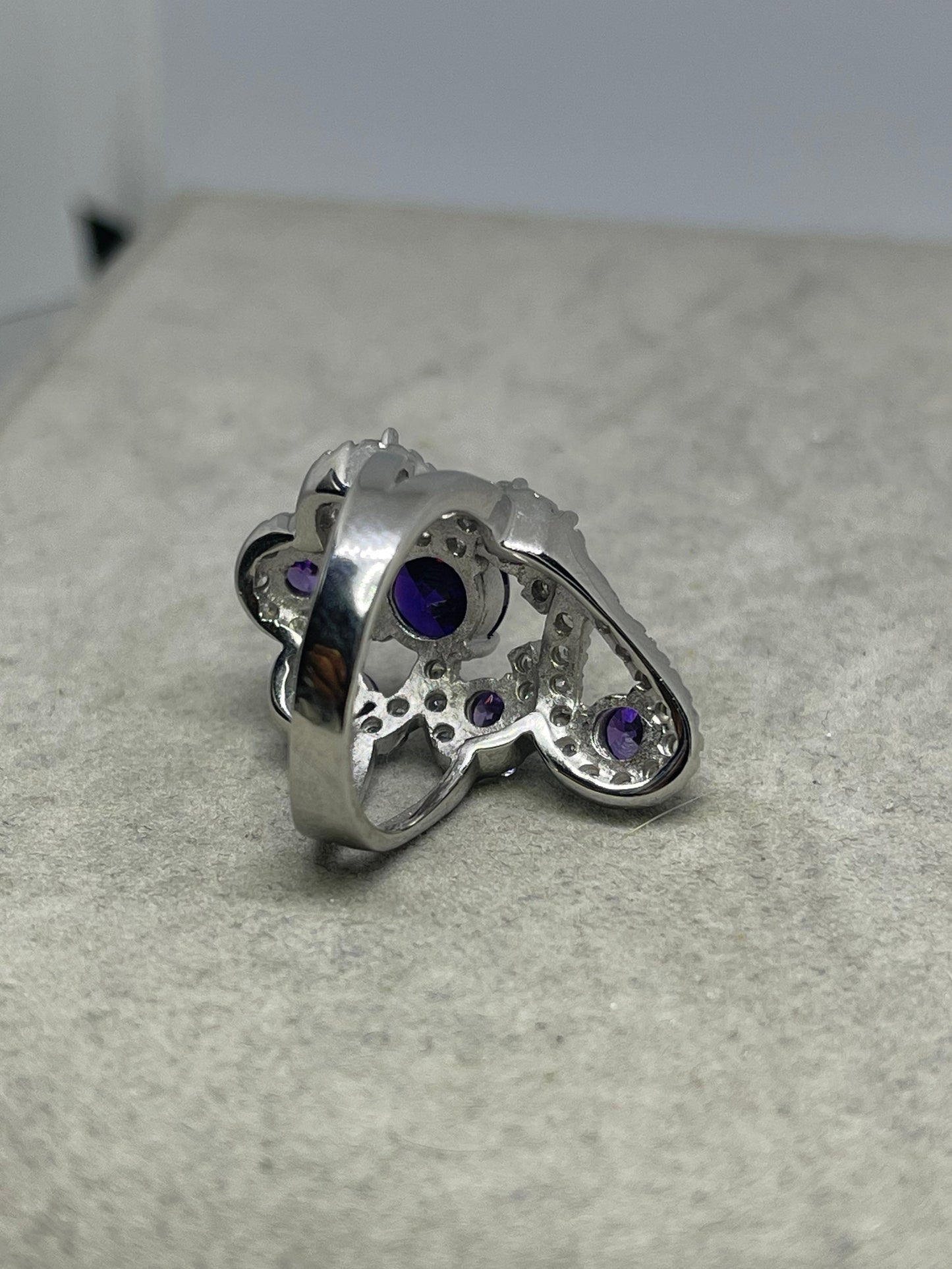 Purple & White Cubic Zirconia Sterling Silver Glam Ring (Size 7.25)