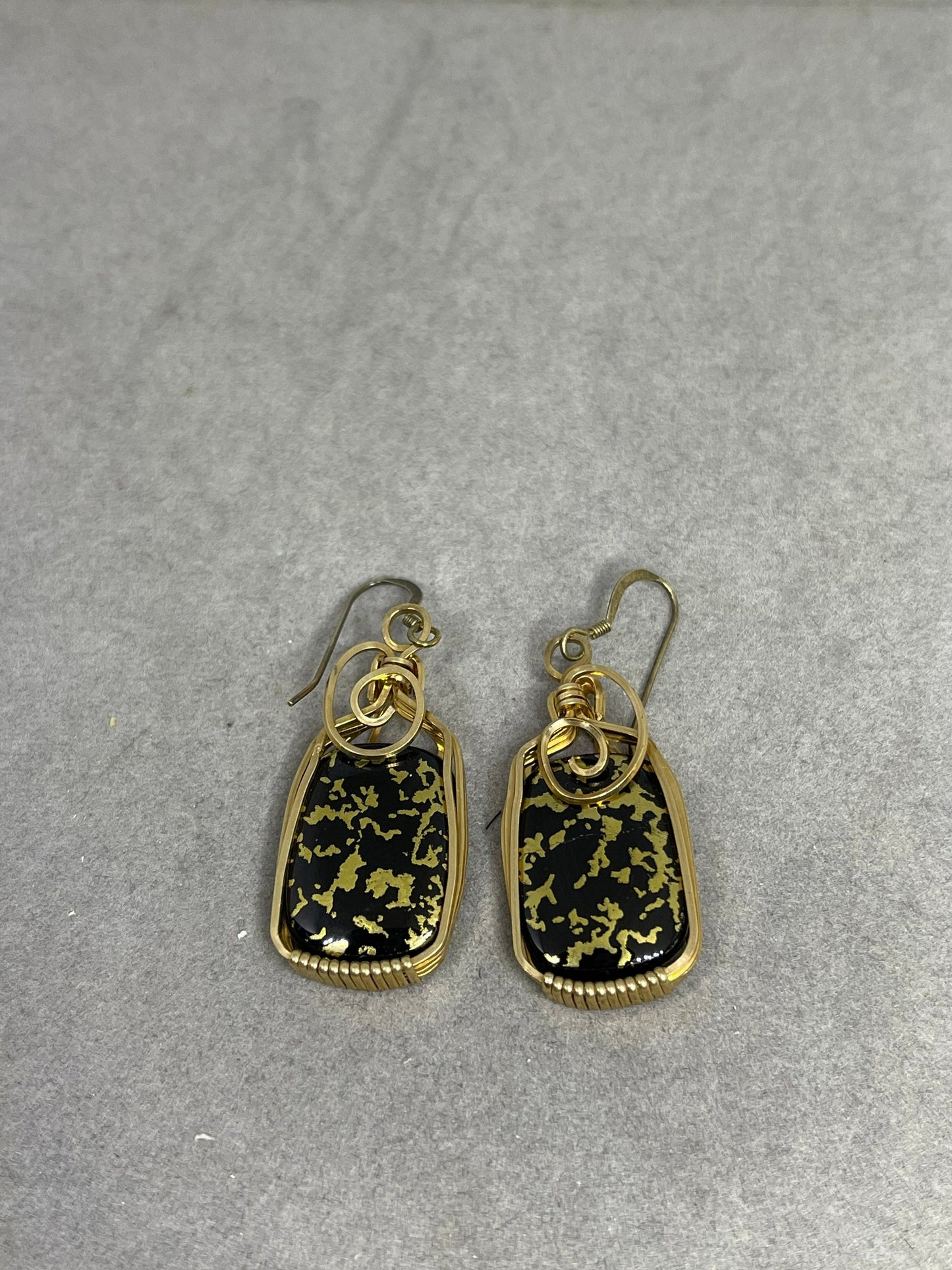 24K Black Jade 14K GF Wire Wrapped Dangle Earrings
