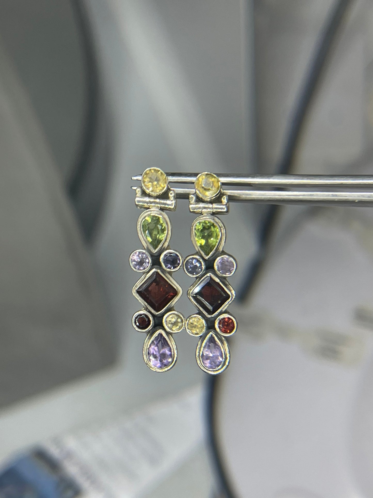 Natural Amethyst Citrine Garnet Peridot & Iolite Sterling Silver Dangle Earrings