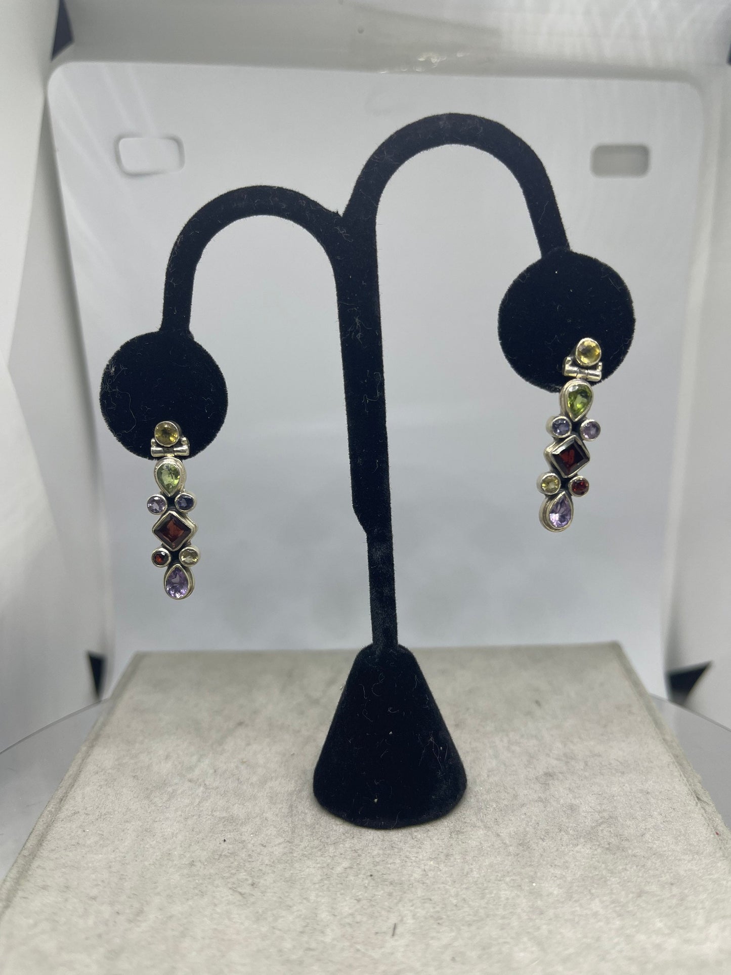 Natural Amethyst Citrine Garnet Peridot & Iolite Sterling Silver Dangle Earrings