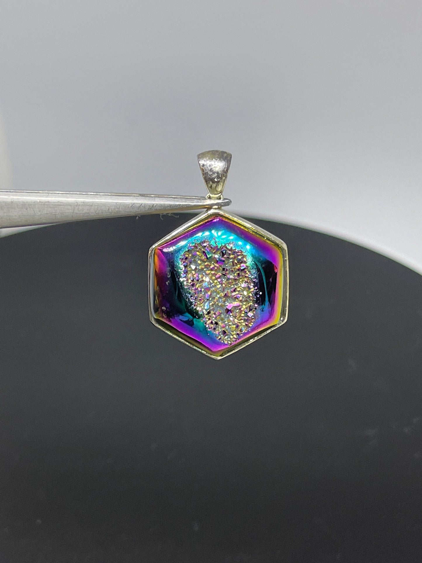 Moody Pink Druzy Quartz Hex Window Sterling Silver Pendant
