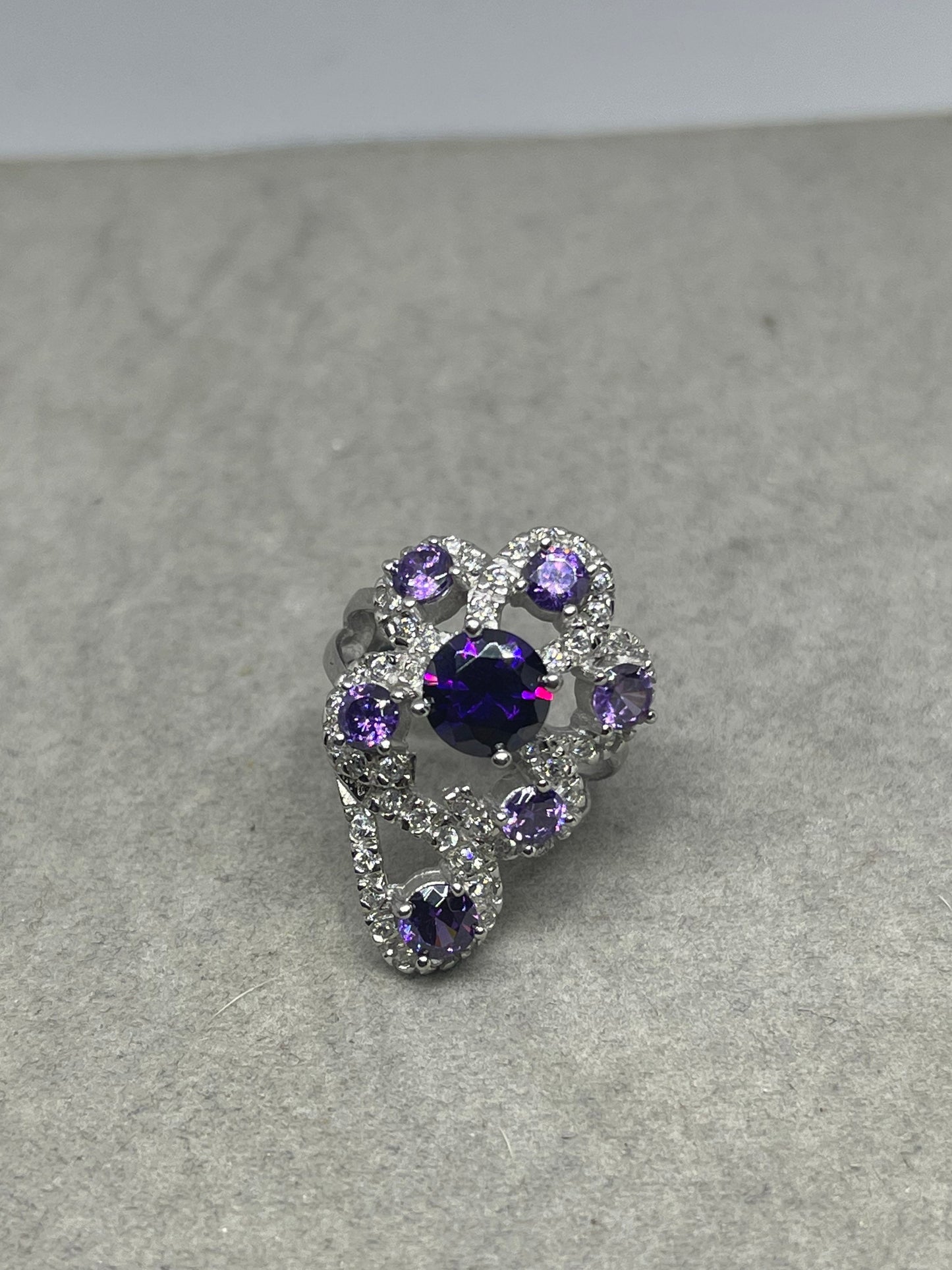 Purple & White Cubic Zirconia Sterling Silver Glam Ring (Size 7.25)