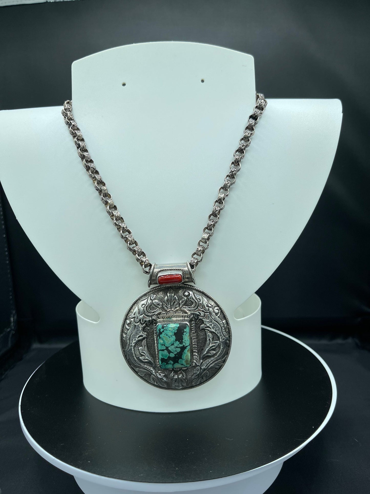 Natural Turquoise & Italian Red Coral Medallion Sterling Silver Handmade Necklace