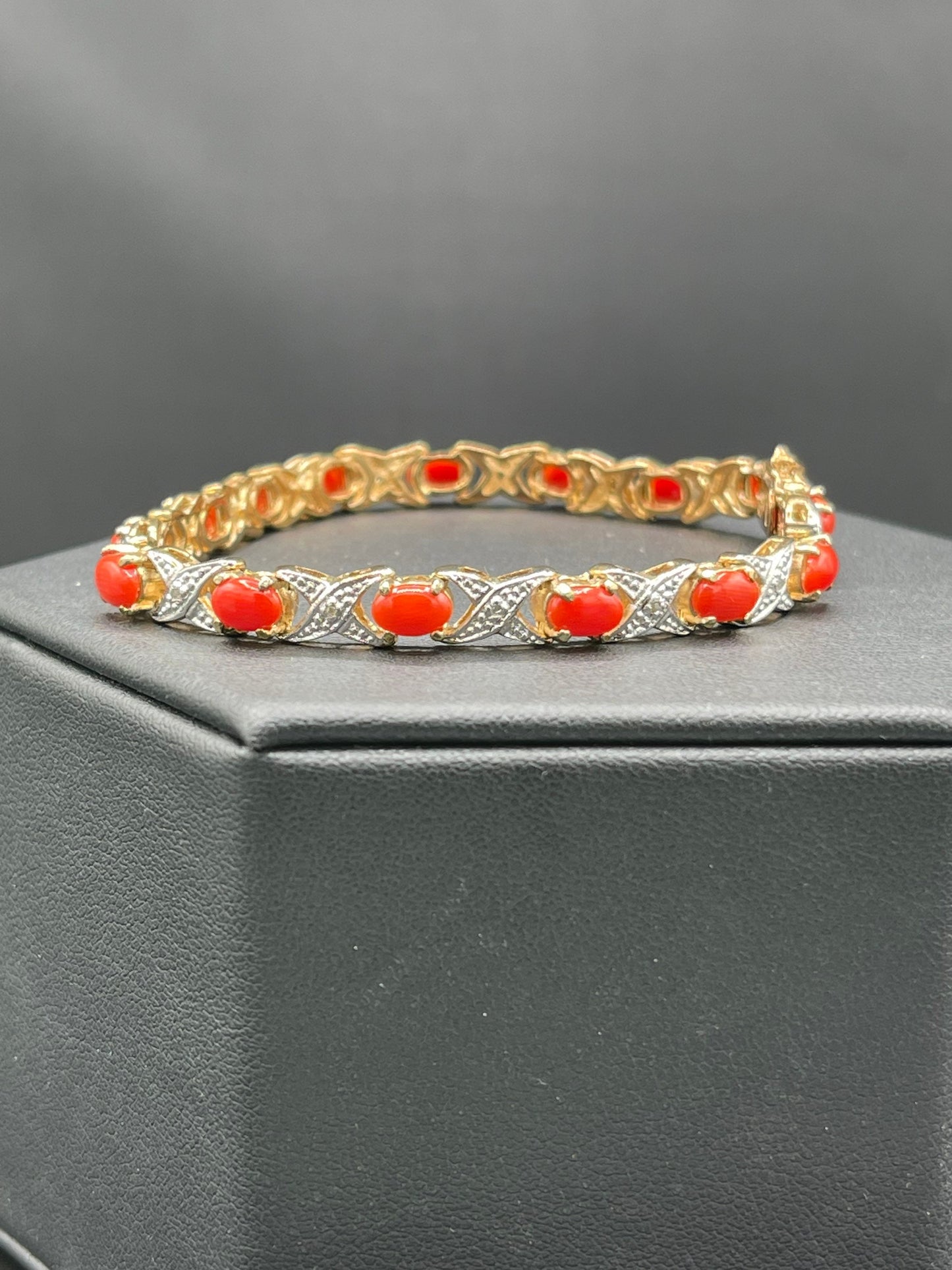Natural Italian Red Coral & Diamond Sterling Silver 18K Vermeil Bracelet