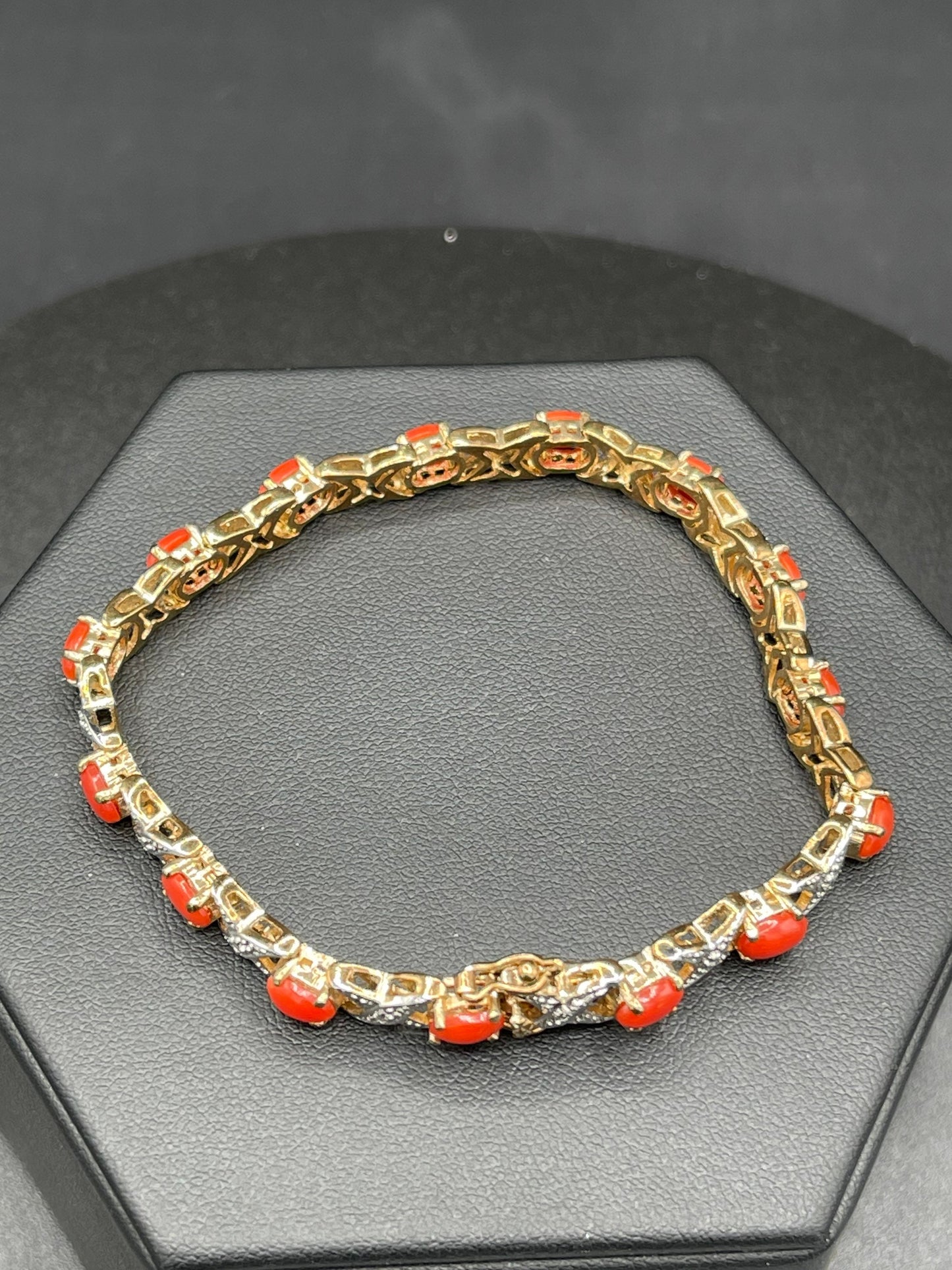 Natural Italian Red Coral & Diamond Sterling Silver 18K Vermeil Bracelet