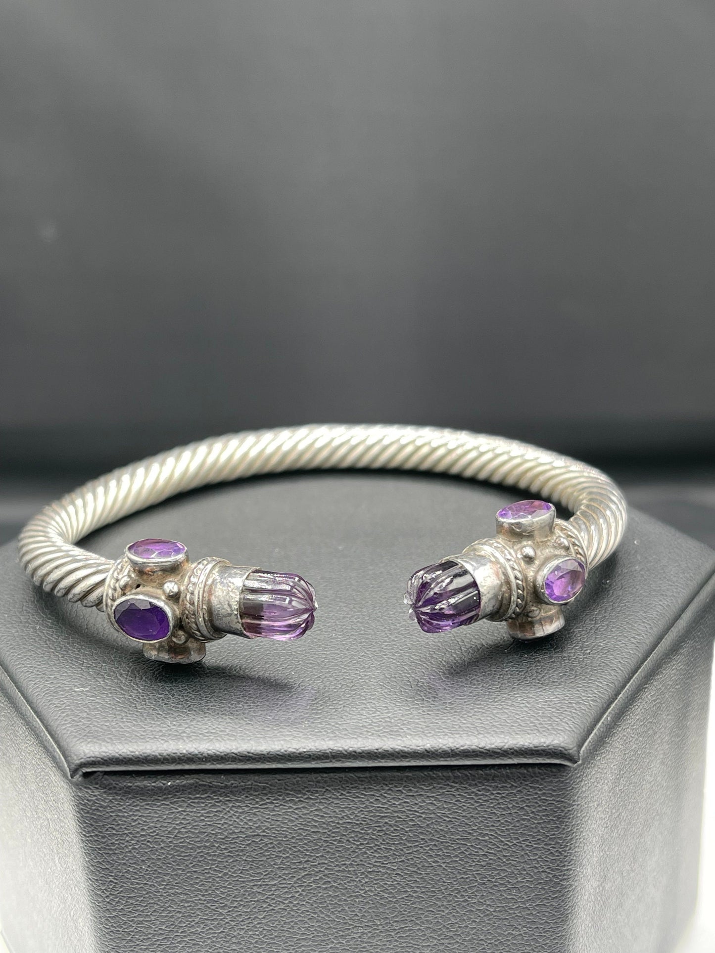 Amethyst Sterling Silver Cable Bangle Adjustable Bracelet