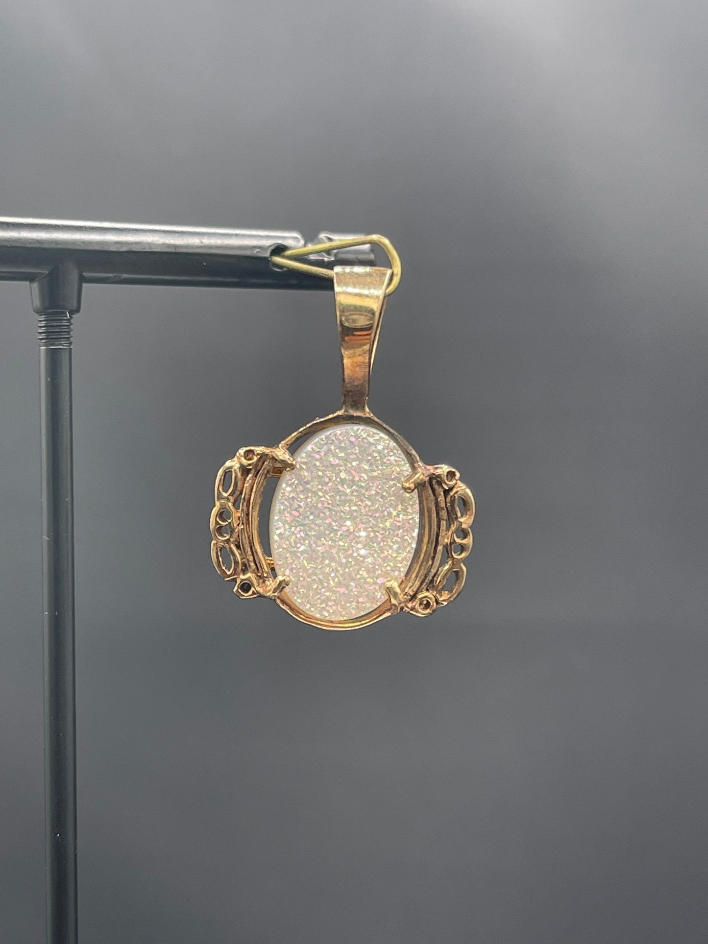 White Druzy Quartz 14k Yellow Gold Pendant