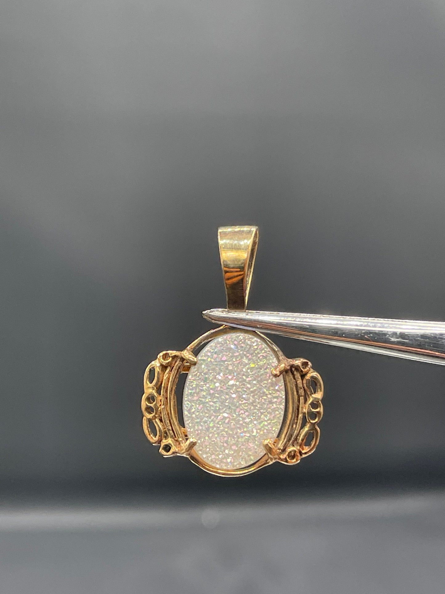 White Druzy Quartz 14k Yellow Gold Pendant