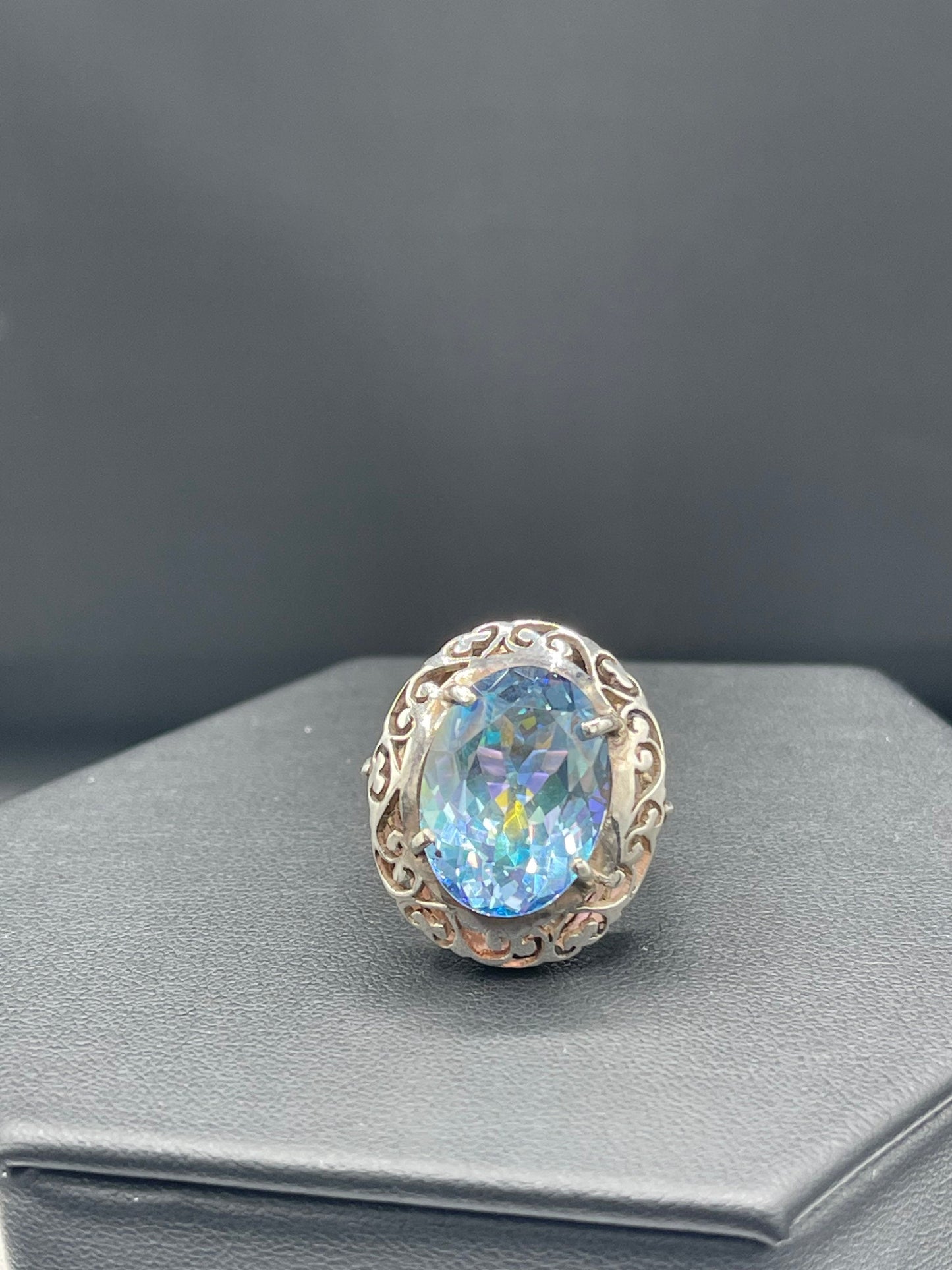 14.14 Carat Mystic Blue Multi Color Topaz Sterling Silver Ring (Size 6)